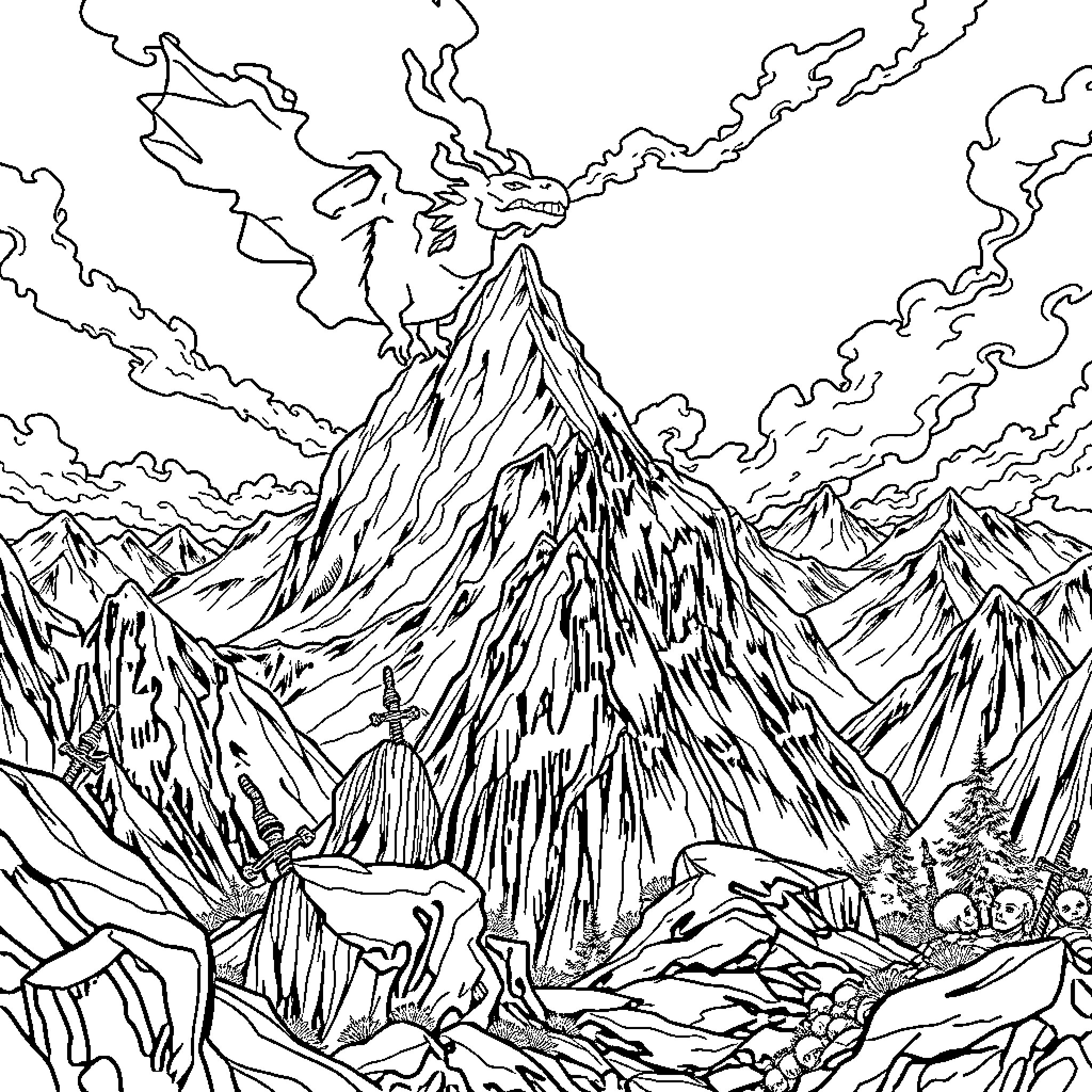 Dragon emerging from majestic mountain range Coloring Page (free black-and-white line drawing printable PDF for all, from beginners to advanced learners, including children, teens, adults, and seniors)