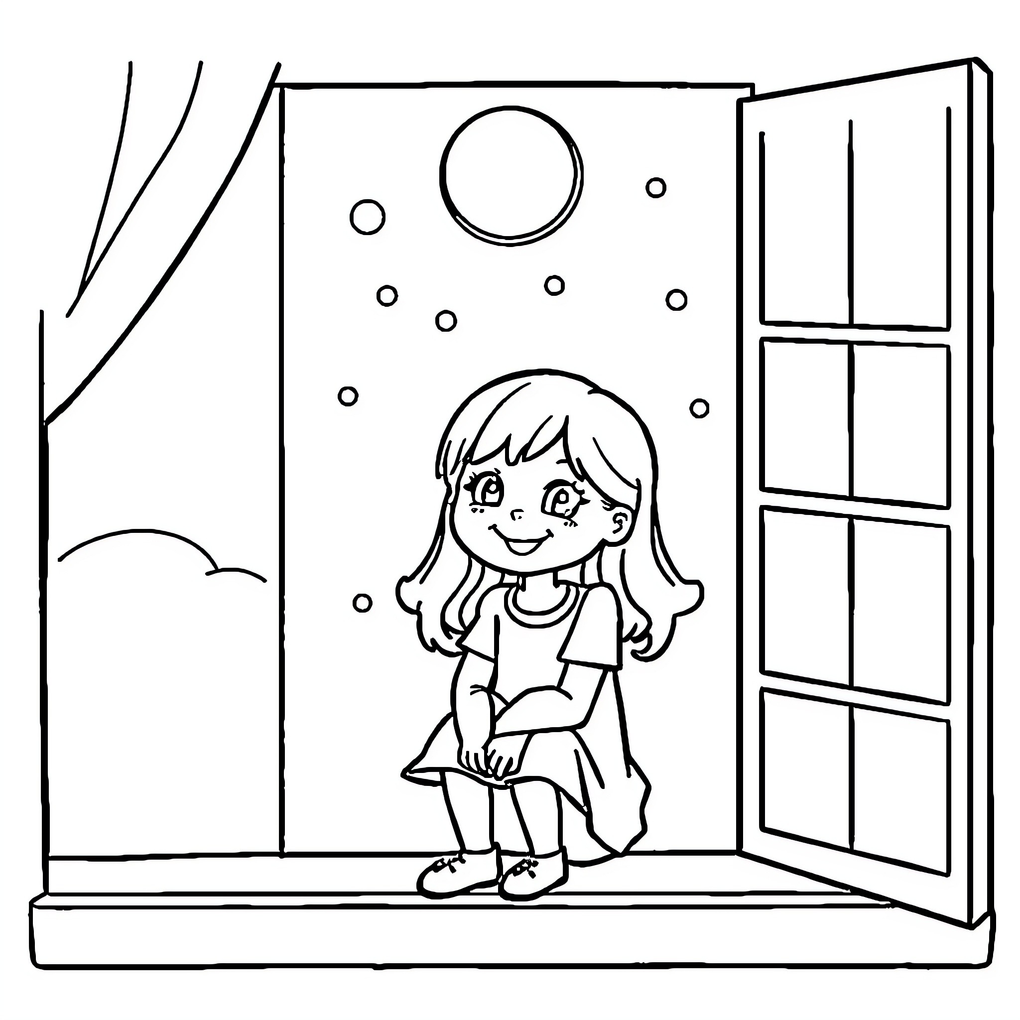 Photo Girl Looking Out Snowy Window Coloring Page (free black-and-white line drawing printable PDF for all, from beginners to advanced learners, including children, teens, adults, and seniors)