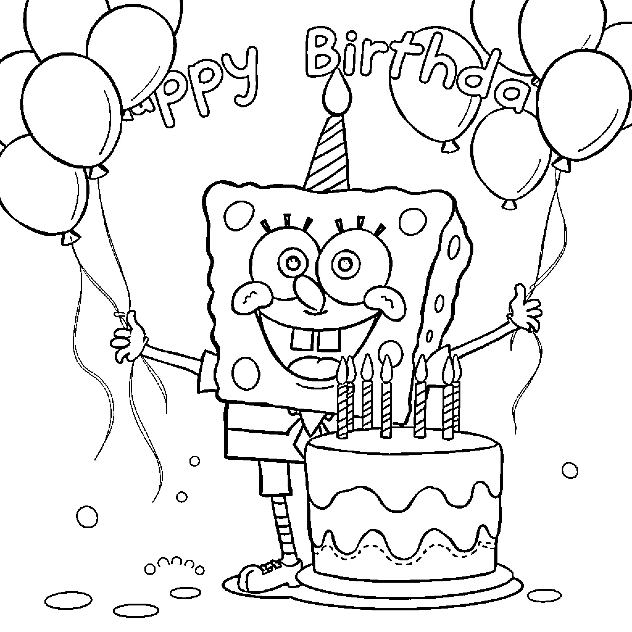 Spongebob celebrates his birthday with balloons Coloring Page (free black-and-white line drawing printable PDF for all, from beginners to advanced learners, including children, teens, adults, and seniors)