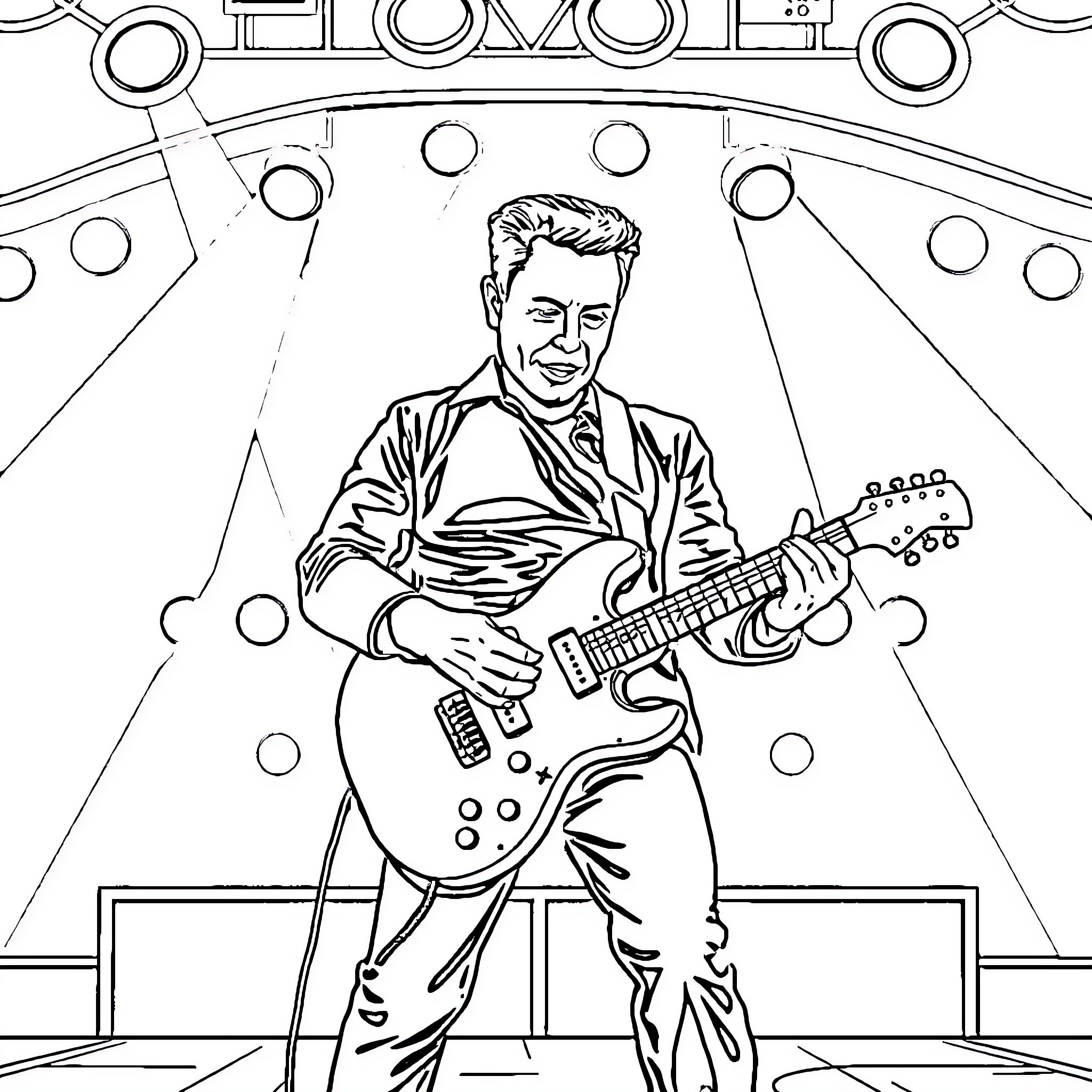 Elon Musk Performs on Stage with Electric Guitar Coloring Page (free black-and-white line drawing printable PDF for all, from beginners to advanced learners, including children, teens, adults, and seniors)