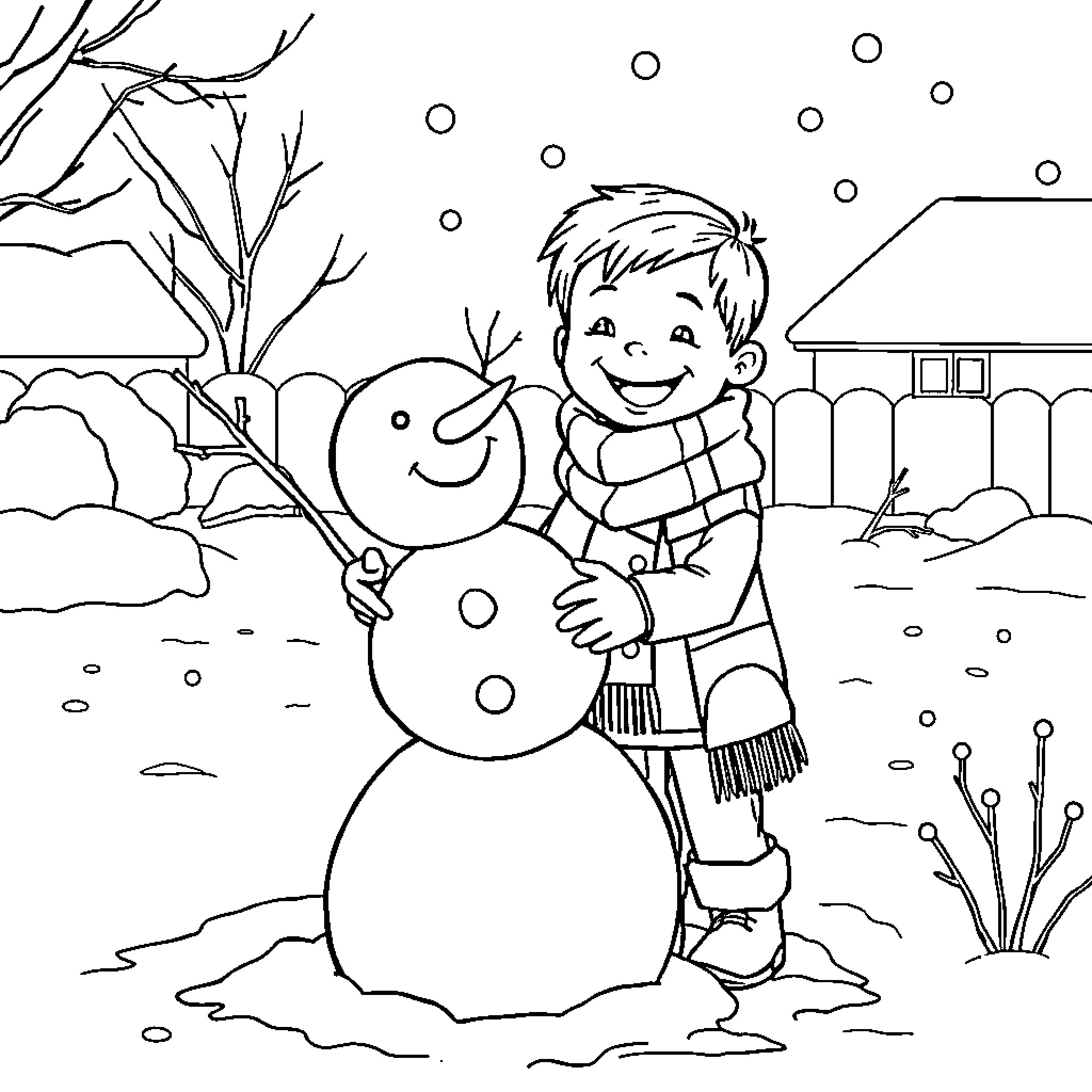 Kid building snowman on a snowy winter day Coloring Page (free black-and-white line drawing printable PDF for all, from beginners to advanced learners, including children, teens, adults, and seniors)