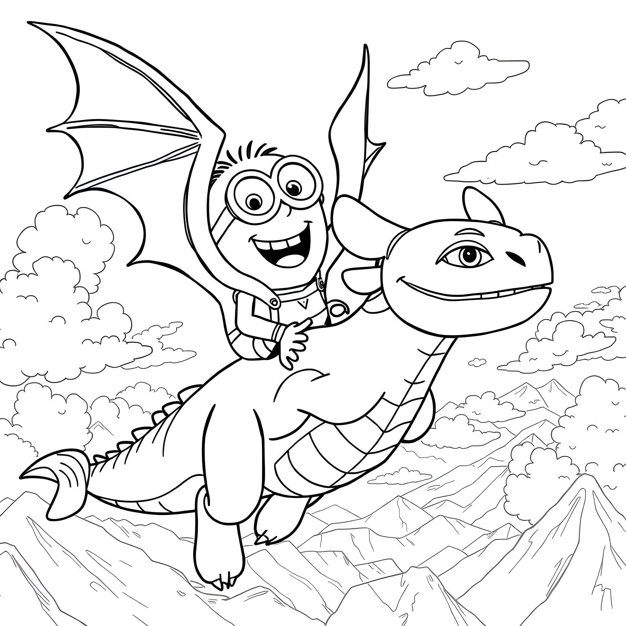 Minion Riding a Friendly Dragon Coloring Page (free black-and-white line drawing printable PDF for all, from beginners to advanced learners, including children, teens, adults, and seniors)