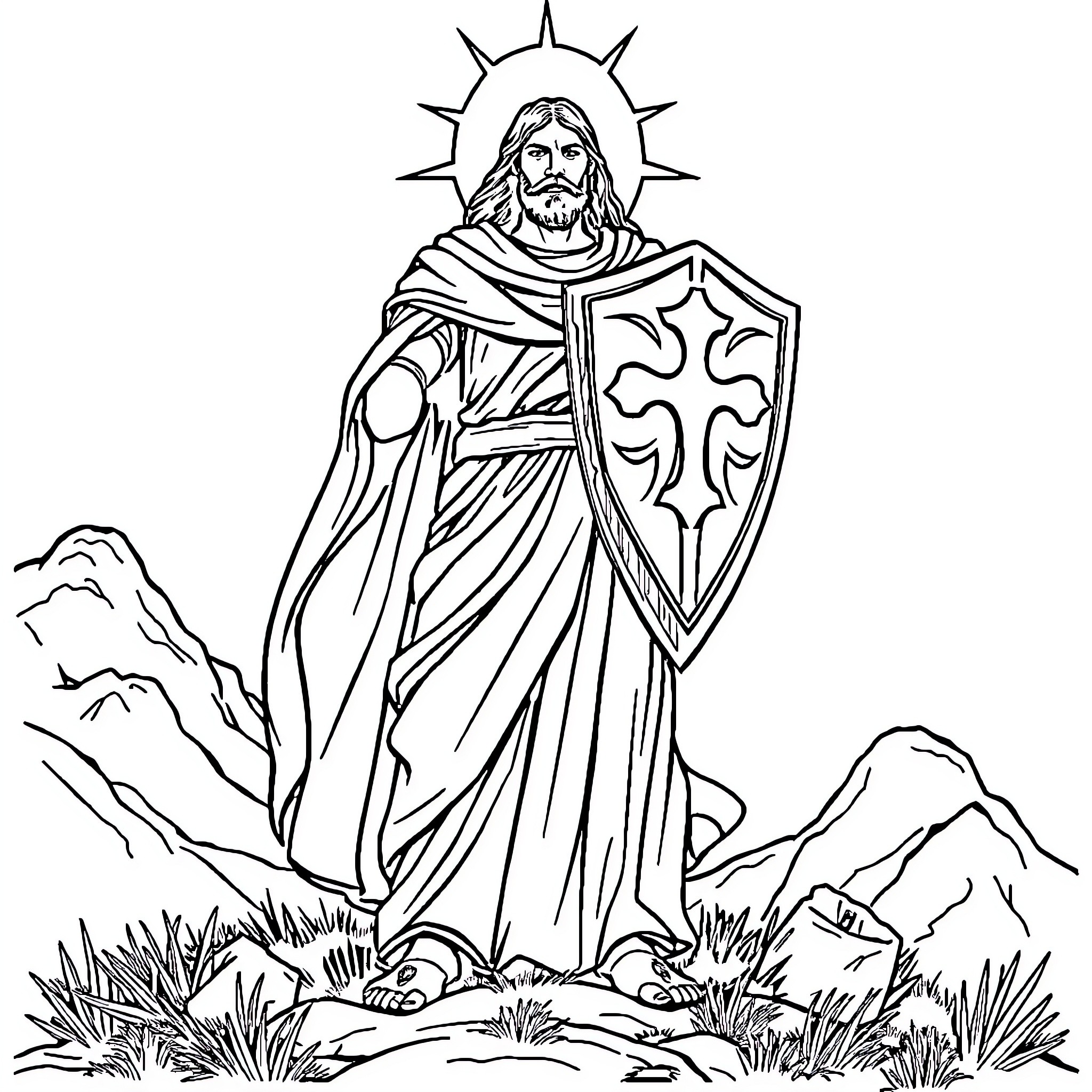 God protects the faithful with shield and cross Coloring Page (free black-and-white line drawing printable PDF for all, from beginners to advanced learners, including children, teens, adults, and seniors)