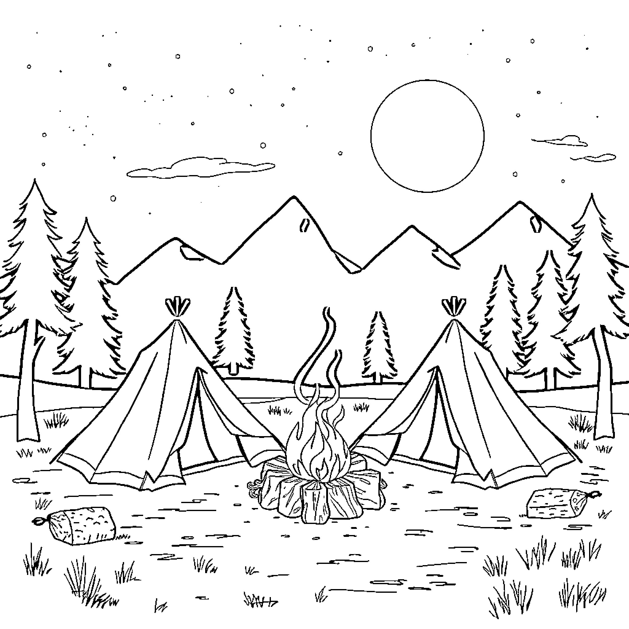 Cowboy camping under the starry night sky Coloring Page (free black-and-white line drawing printable PDF for all, from beginners to advanced learners, including children, teens, adults, and seniors)