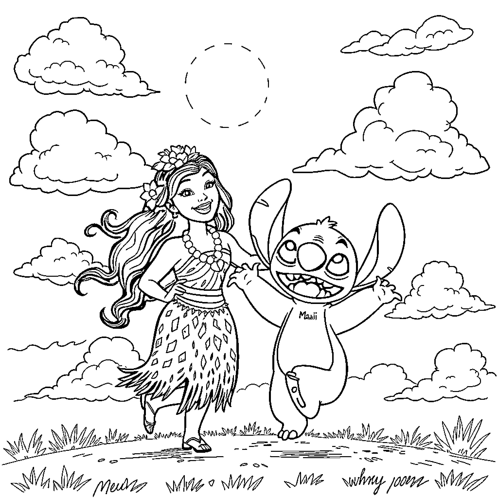 Maui Beach Hula Girl and Stitch Adventure Coloring Page (free black-and-white line drawing printable PDF for all, from beginners to advanced learners, including children, teens, adults, and seniors)