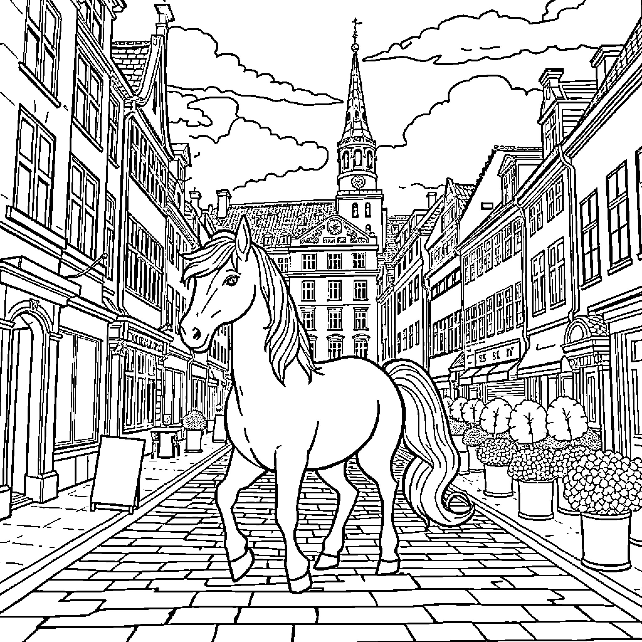 Unicorn roaming through a quaint European town Coloring Page (free black-and-white line drawing printable PDF for all, from beginners to advanced learners, including children, teens, adults, and seniors)