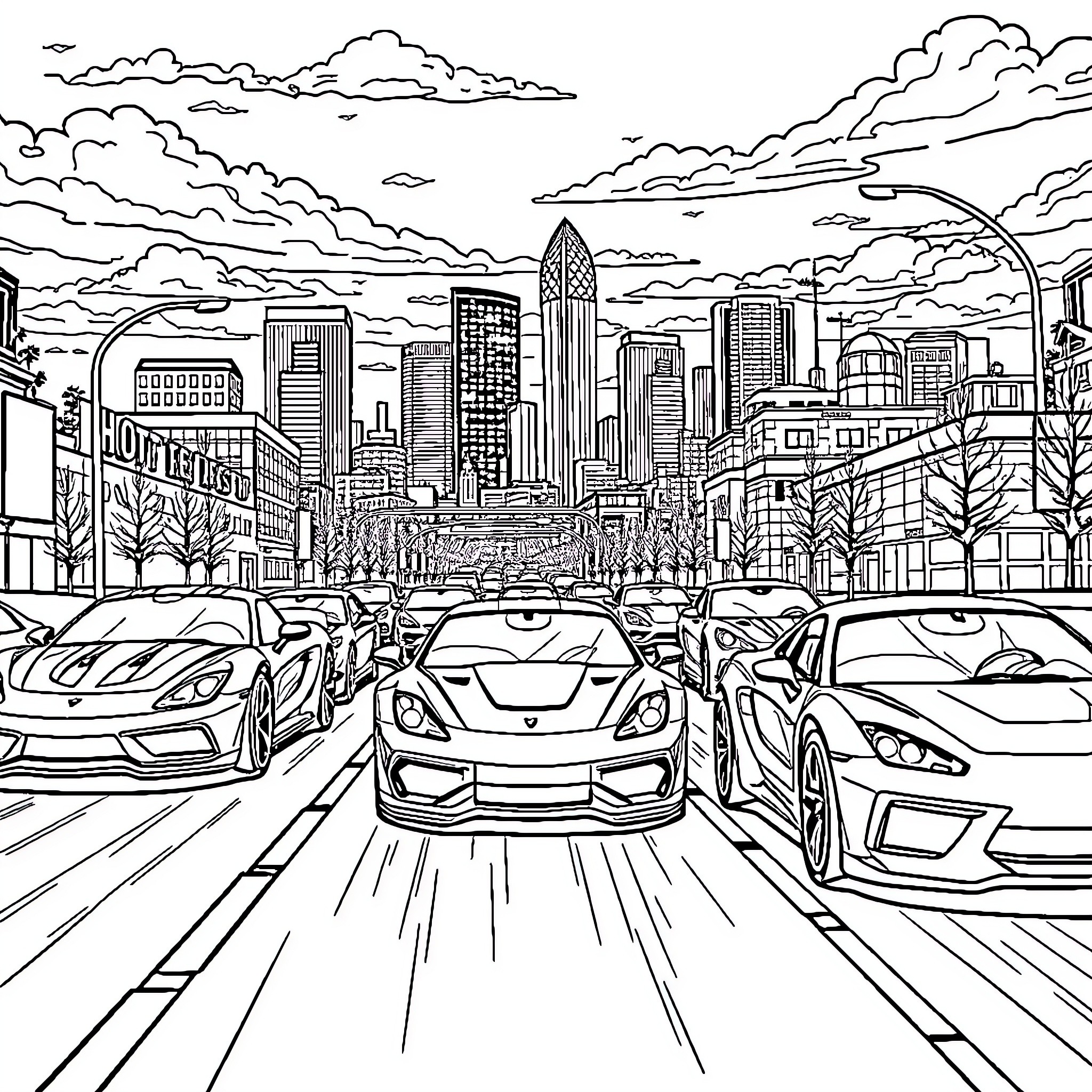 Hotwheels racing through the city Coloring Page (free black-and-white line drawing printable PDF for all, from beginners to advanced learners, including children, teens, adults, and seniors)