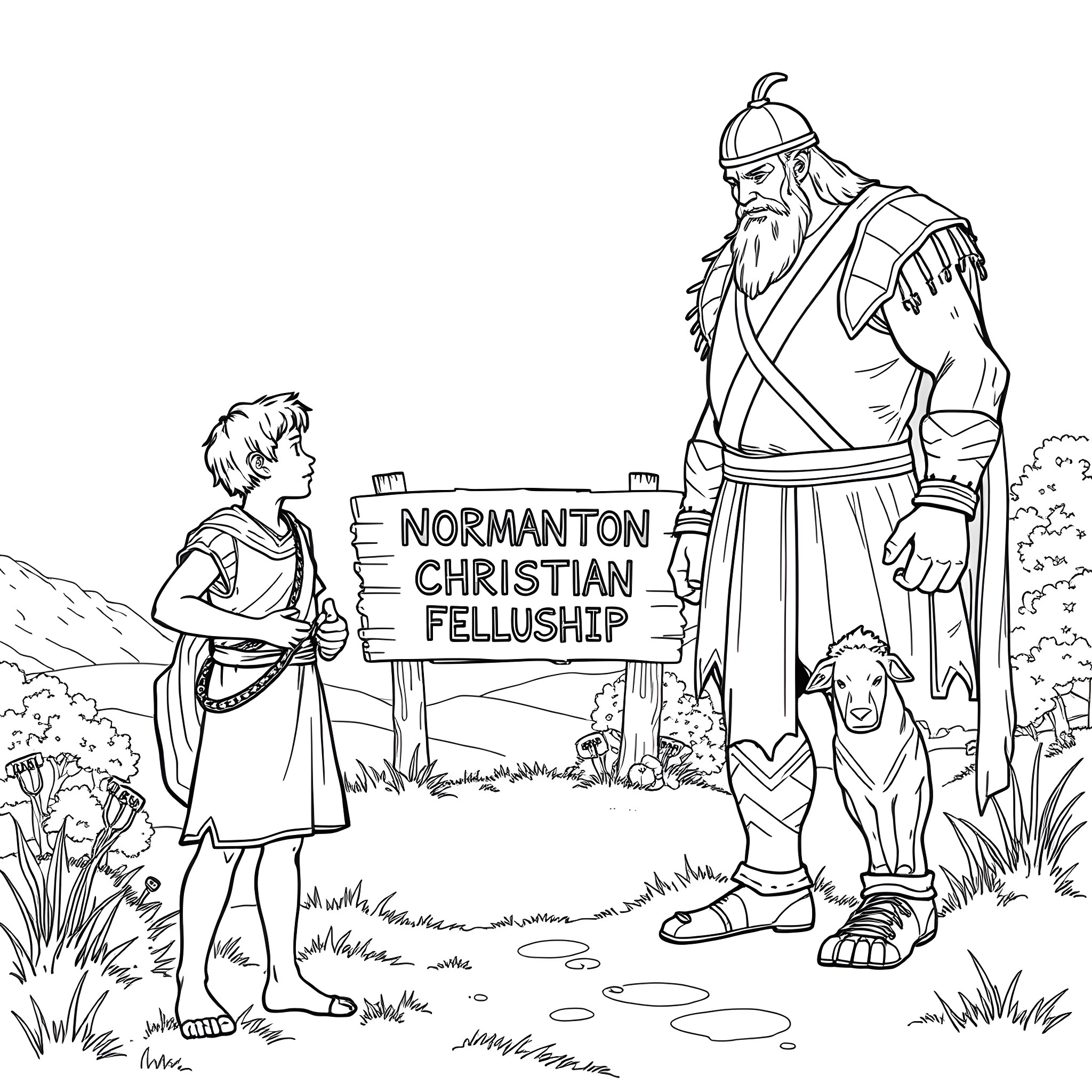 David and Goliath encounter at the Normanton Christian Fellowship Coloring Page (free black-and-white line drawing printable PDF for all, from beginners to advanced learners, including children, teens, adults, and seniors)