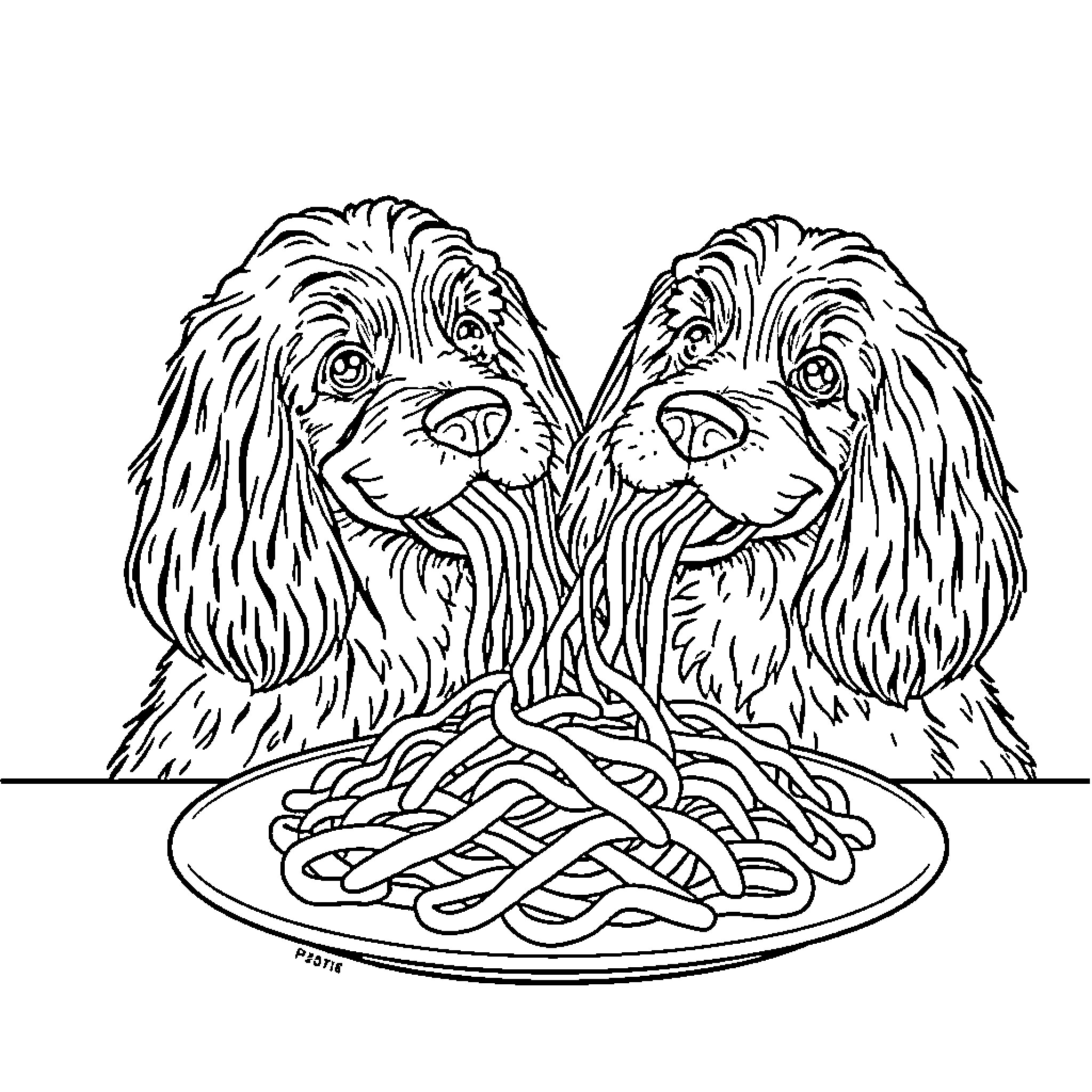 Cocker Spaniel Pups Sharing a Hearty Meal Coloring Page (free black-and-white line drawing printable PDF for all, from beginners to advanced learners, including children, teens, adults, and seniors)