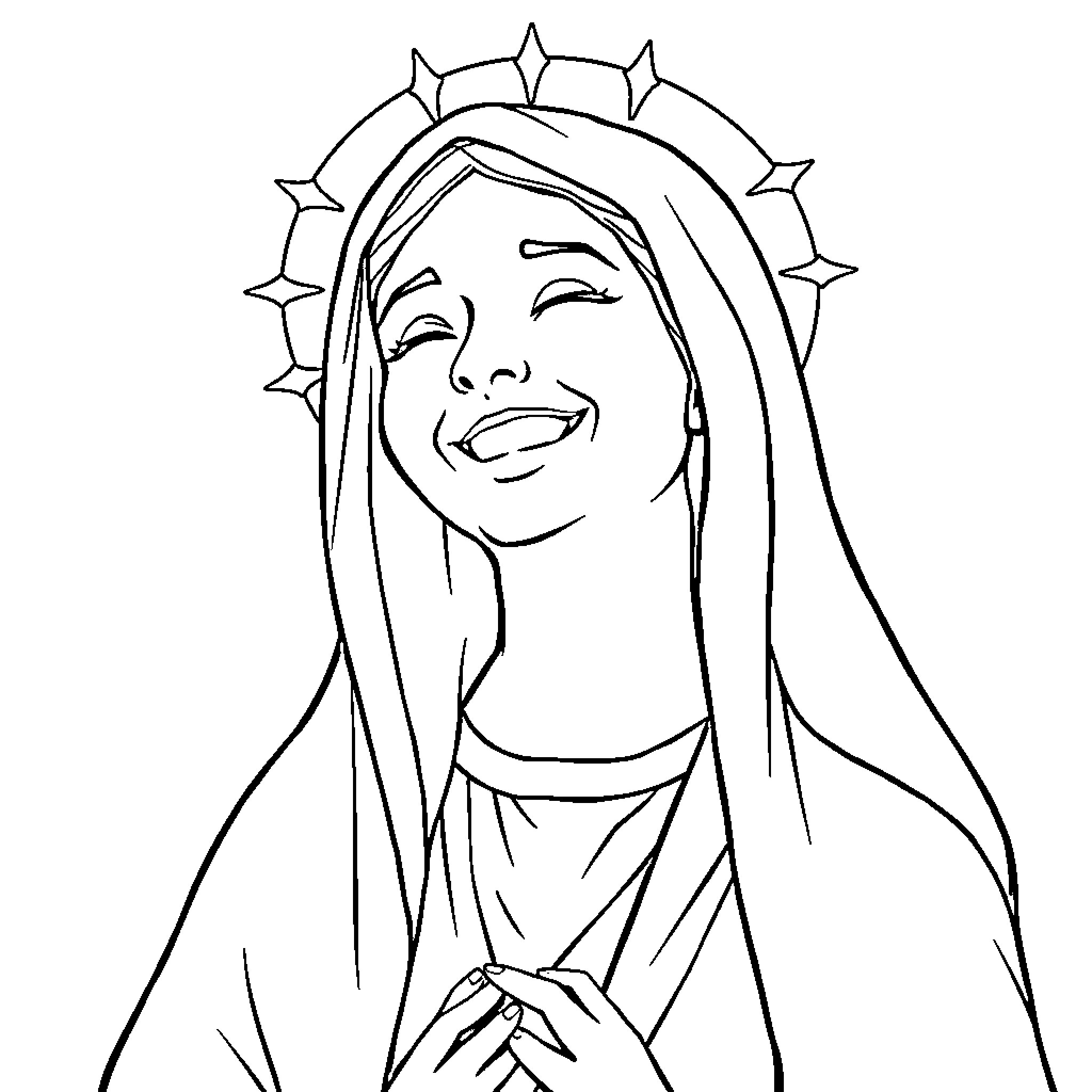 Virgin Mary smiling with grace Coloring Page (free black-and-white line drawing printable PDF for all, from beginners to advanced learners, including children, teens, adults, and seniors)
