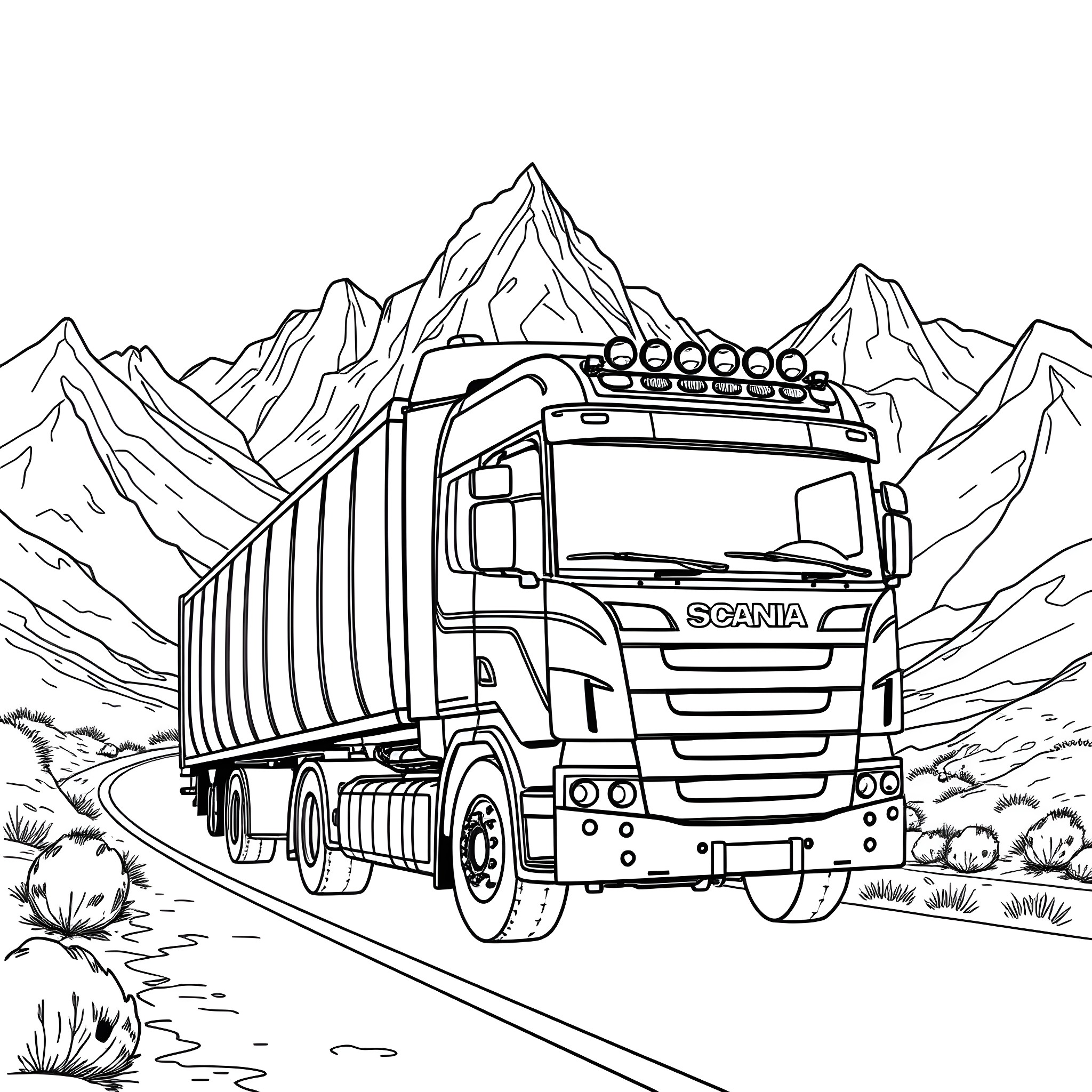 Scania Truck Transporting Cargo in Mountainous Landscape Coloring Page (free black-and-white line drawing printable PDF for all, from beginners to advanced learners, including children, teens, adults, and seniors)