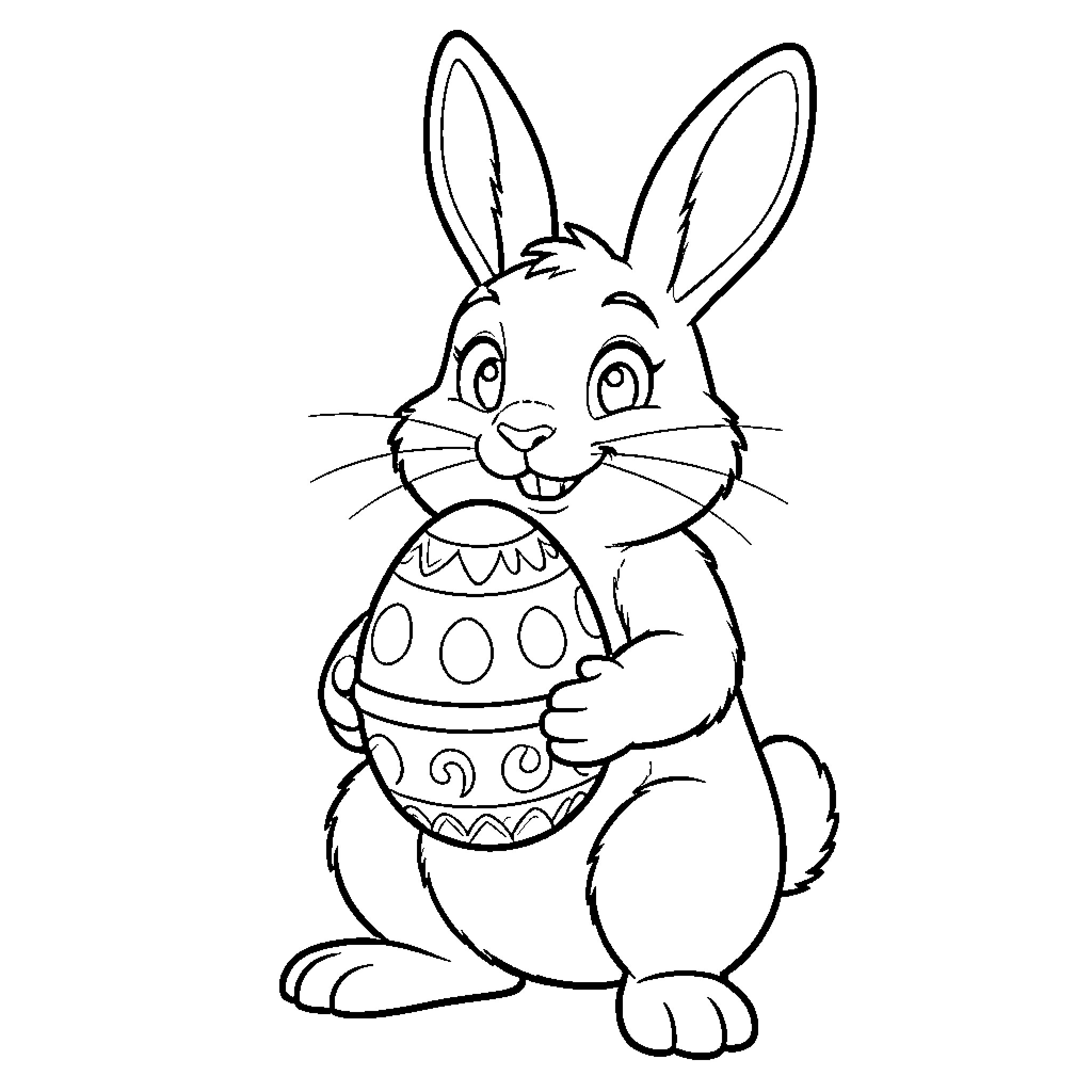 Rabbit holding decorated Easter egg Coloring Page (free black-and-white line drawing printable PDF for all, from beginners to advanced learners, including children, teens, adults, and seniors)