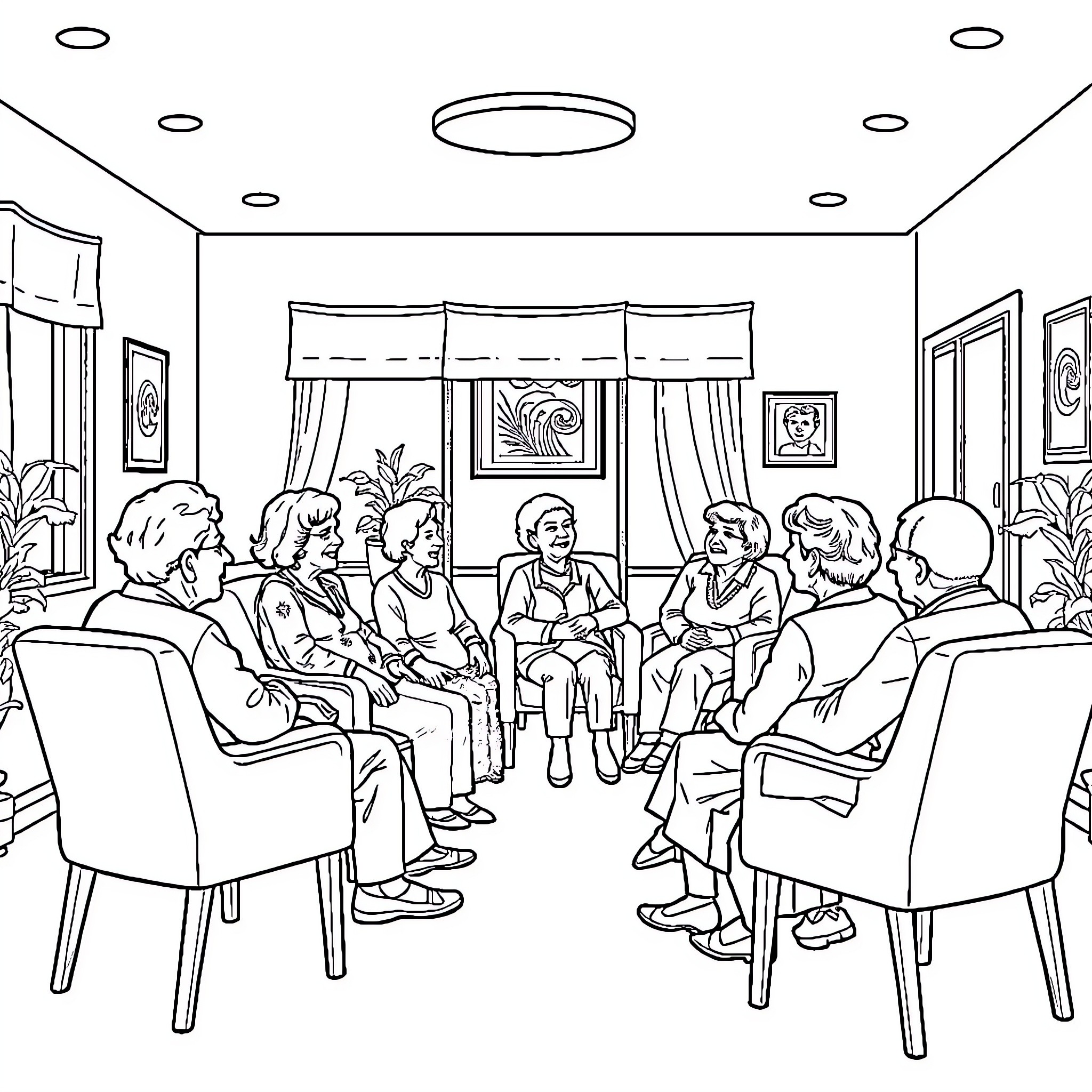 Person talking in a group meeting in a room Coloring Page (free black-and-white line drawing printable PDF for all, from beginners to advanced learners, including children, teens, adults, and seniors)
