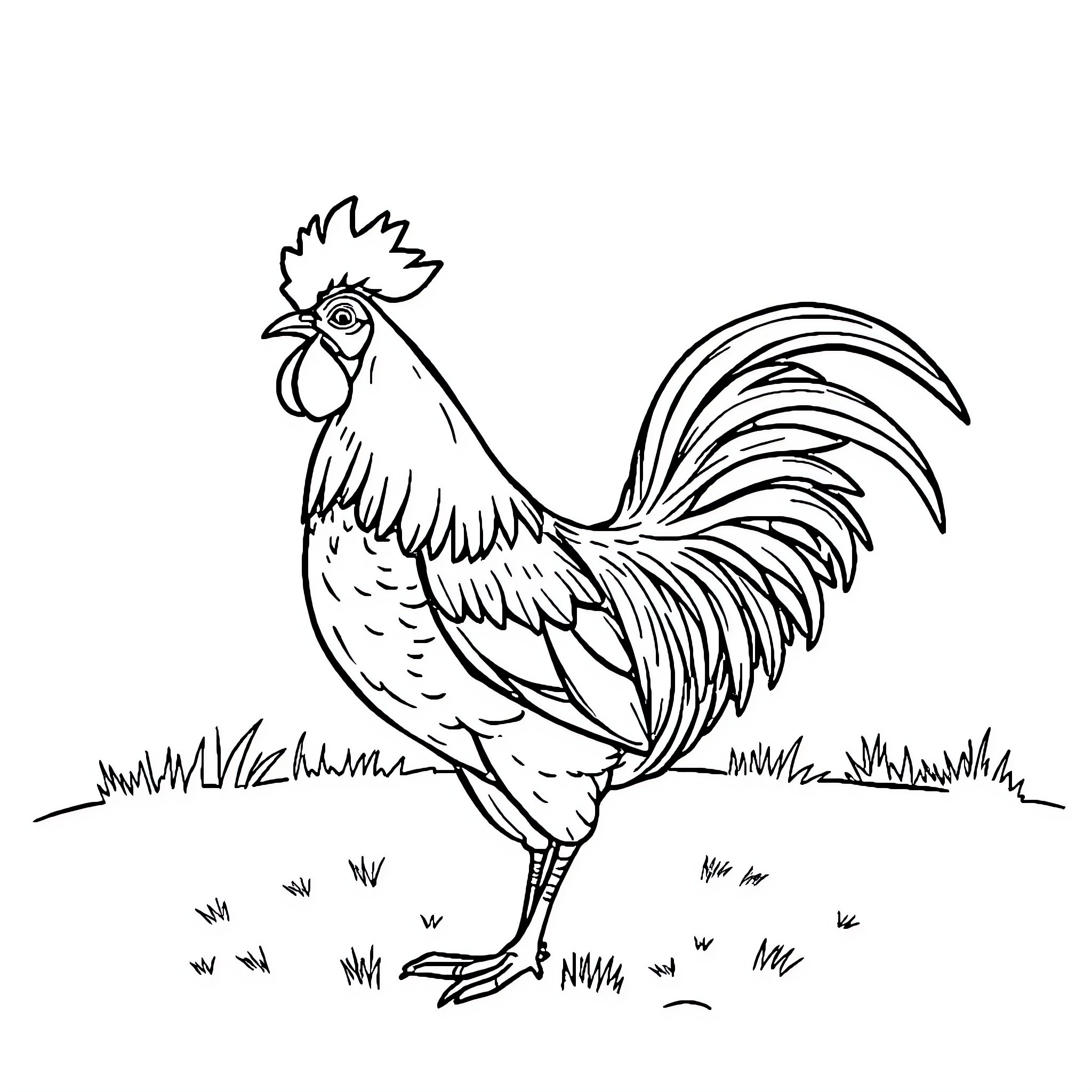 Rooster strutting on the farm Coloring Page (free black-and-white line drawing printable PDF for all, from beginners to advanced learners, including children, teens, adults, and seniors)