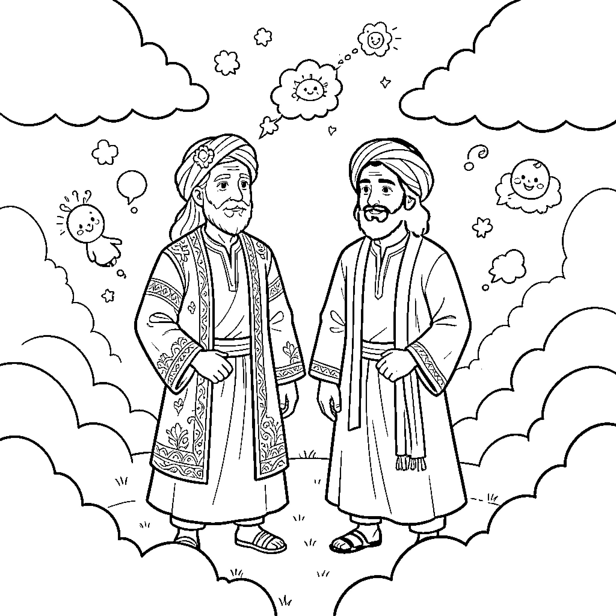 Rumi and a companion in traditional attire Coloring Page (free black-and-white line drawing printable PDF for all, from beginners to advanced learners, including children, teens, adults, and seniors)