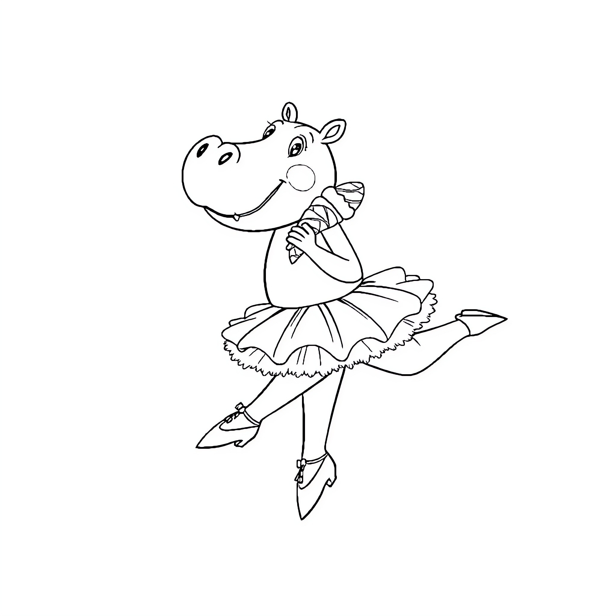 Hippopotamus ballerina dancing gracefully Coloring Page (free black-and-white line drawing printable PDF for all, from beginners to advanced learners, including children, teens, adults, and seniors)