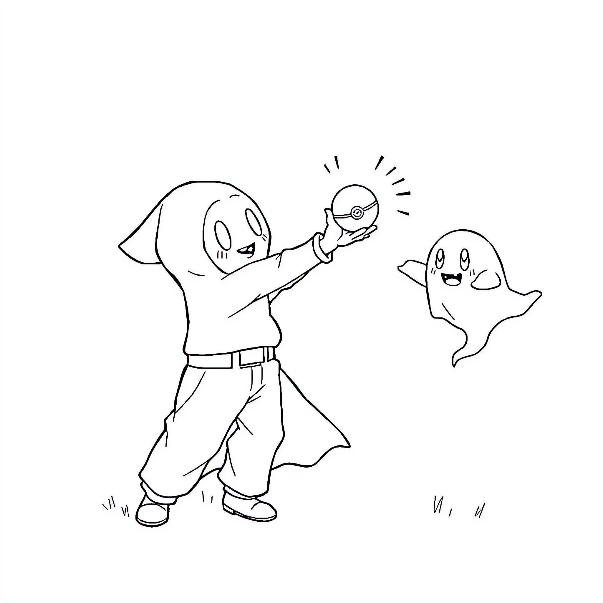 Ghostpants playing and frightening a friendly ghost Coloring Page (free black-and-white line drawing printable PDF for all, from beginners to advanced learners, including children, teens, adults, and seniors)