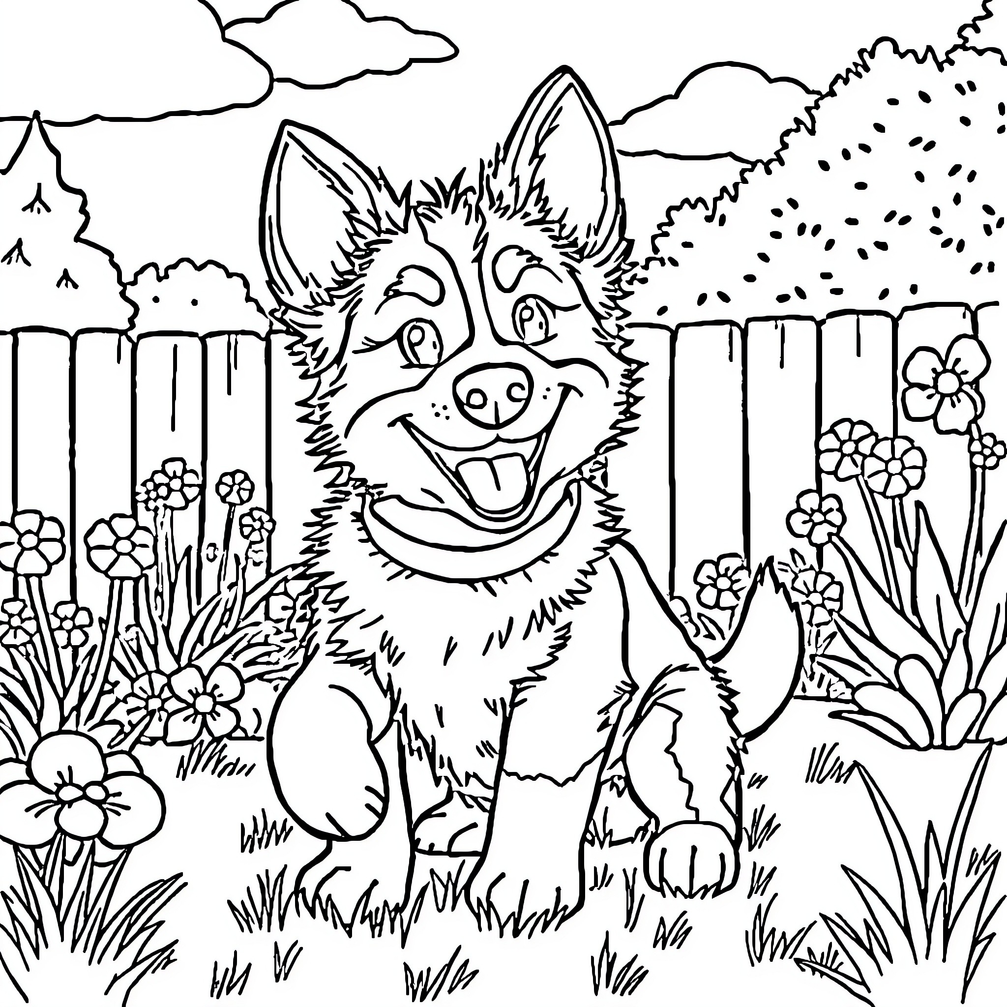 Bluey's Backyard Adventure Coloring Page (free black-and-white line drawing printable PDF for all, from beginners to advanced learners, including children, teens, adults, and seniors)