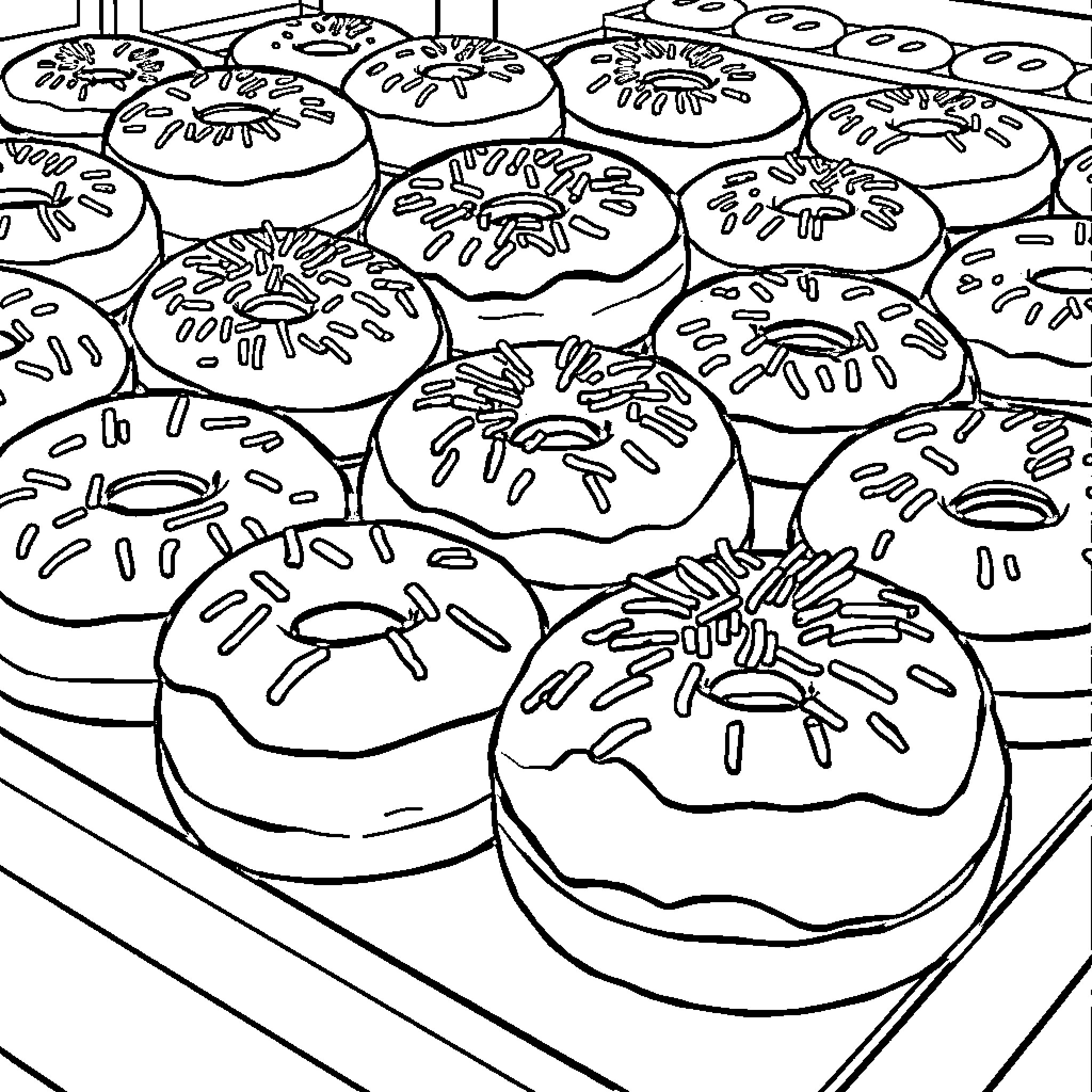 Donut Delight: A Sugary Showcase Coloring Page (free black-and-white line drawing printable PDF for all, from beginners to advanced learners, including children, teens, adults, and seniors)