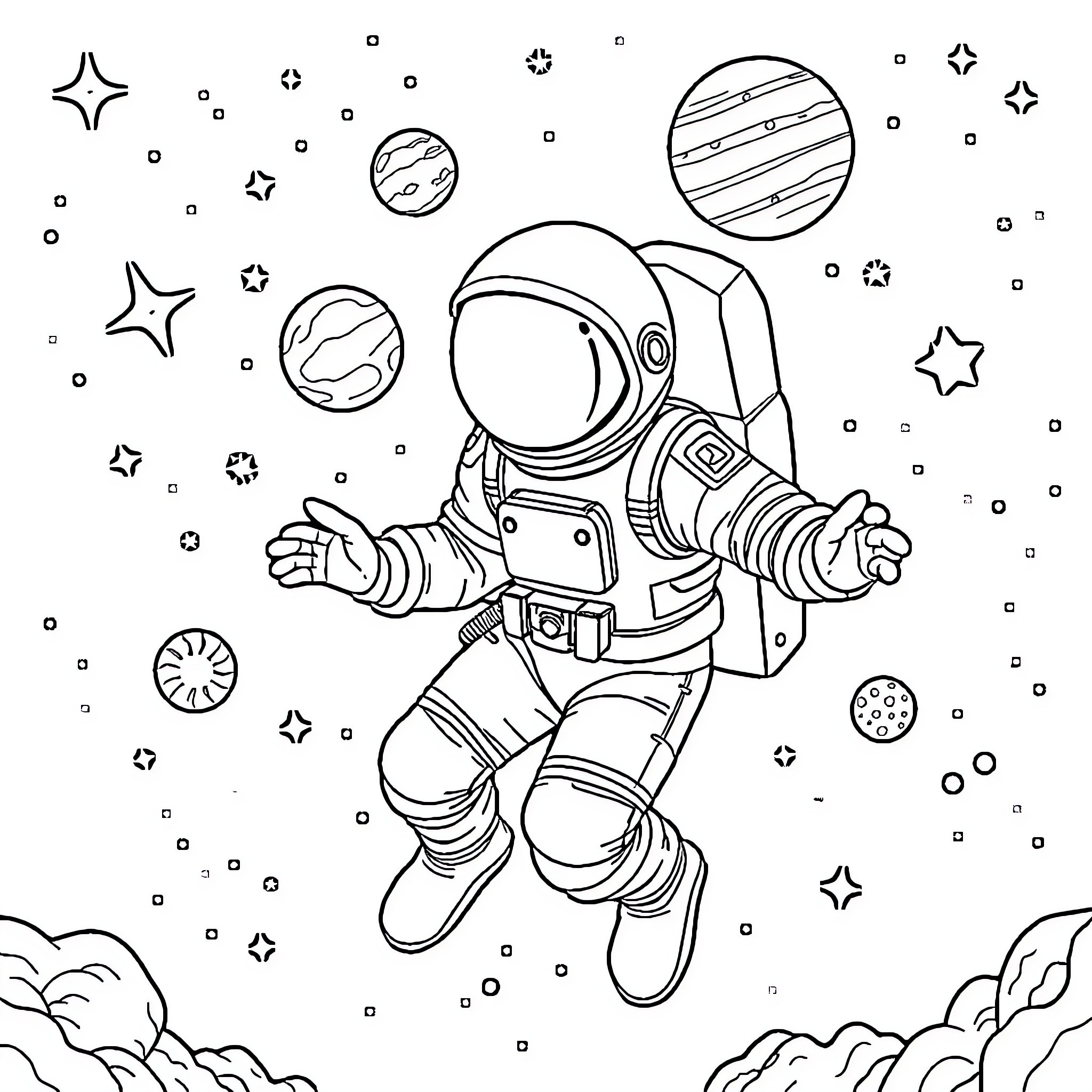 Astronaut floating peacefully in the starry cosmos Coloring Page (free black-and-white line drawing printable PDF for all, from beginners to advanced learners, including children, teens, adults, and seniors)