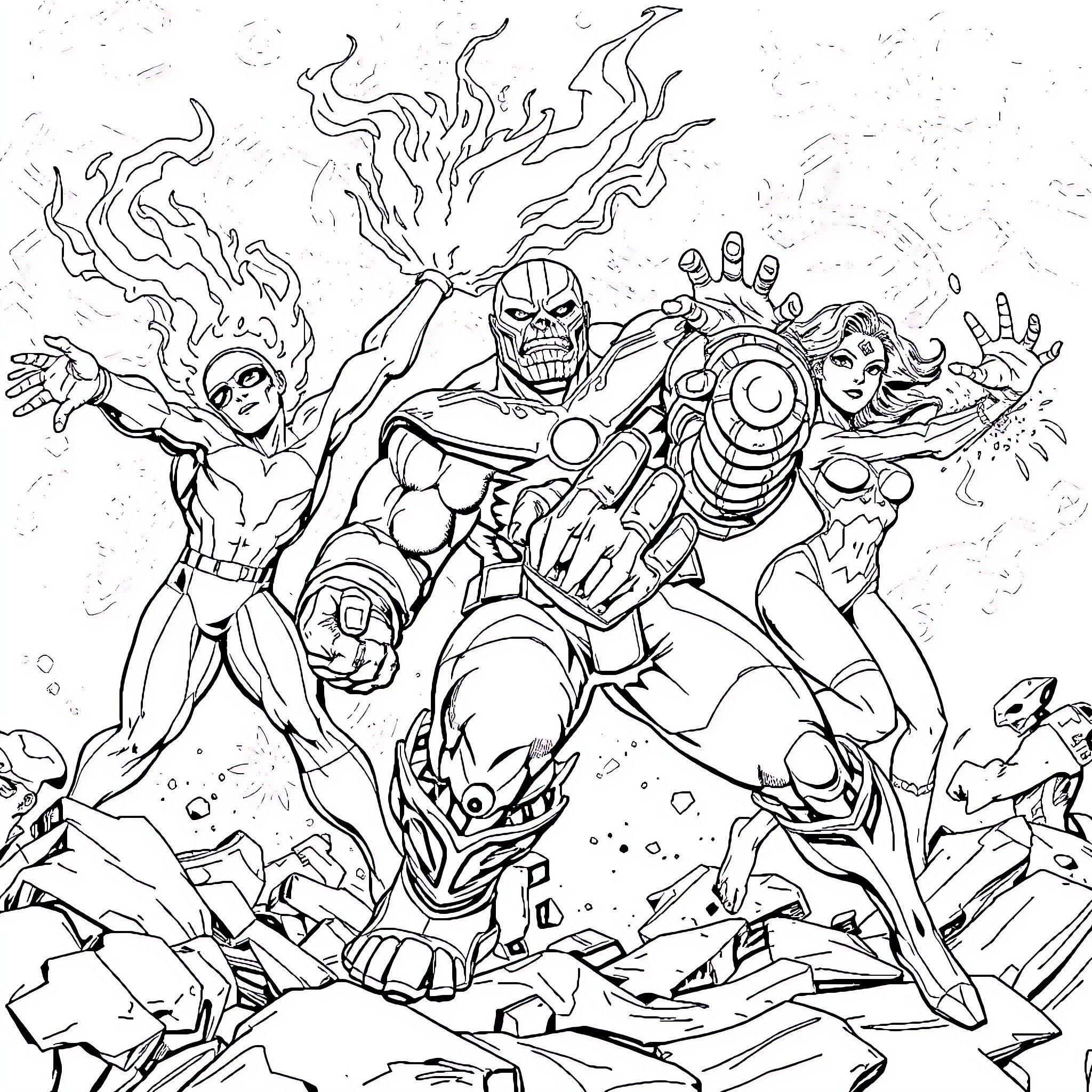 Superhero Battle with Powerful Villains Coloring Page (free black-and-white line drawing printable PDF for all, from beginners to advanced learners, including children, teens, adults, and seniors)