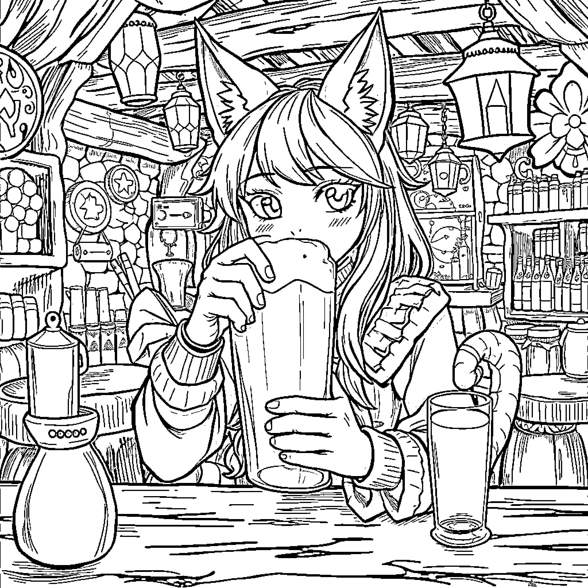 Catgirl in a Mystical Potion Shop Coloring Page (free black-and-white line drawing printable PDF for all, from beginners to advanced learners, including children, teens, adults, and seniors)