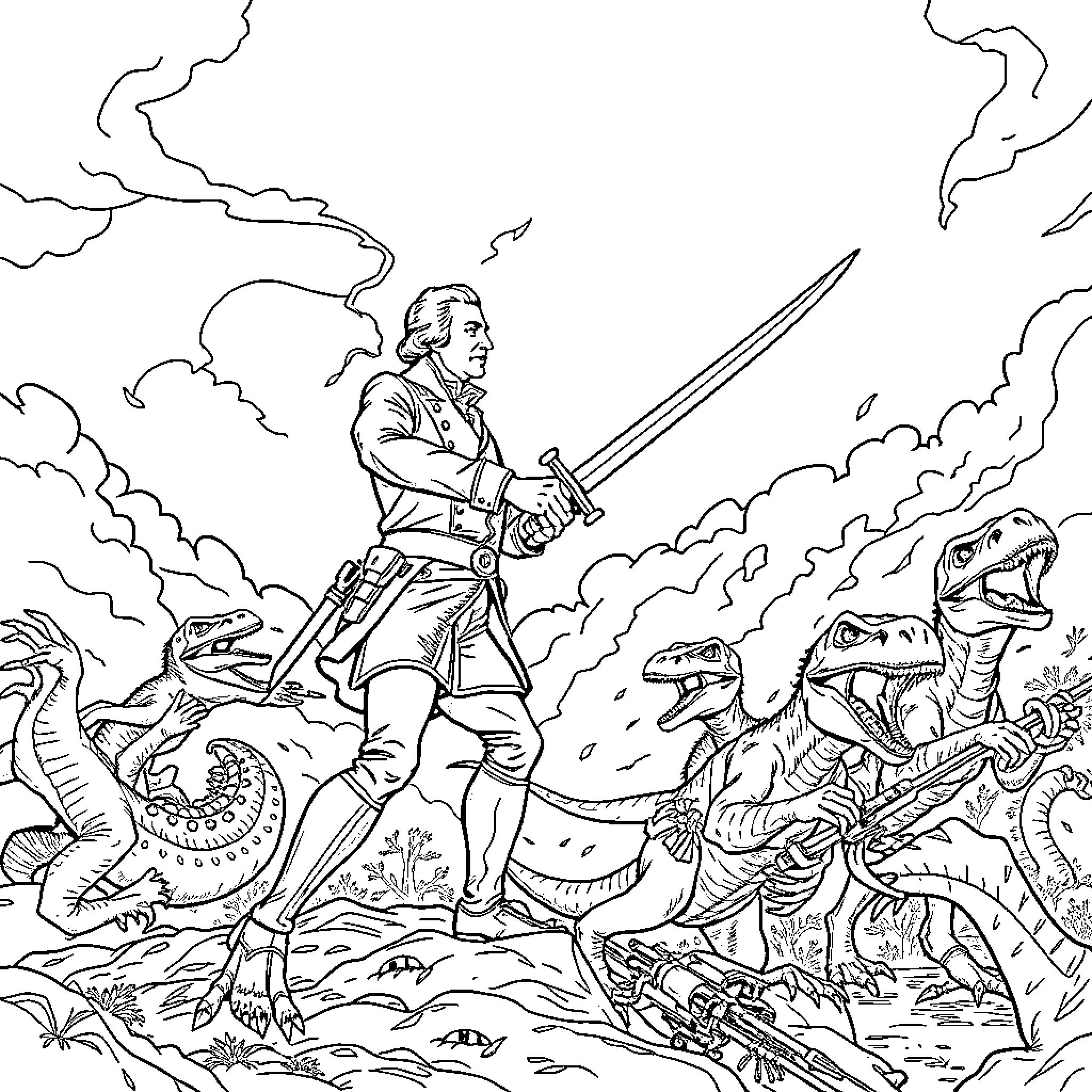 George Washington battling fierce dinosaurs with sword Coloring Page (free black-and-white line drawing printable PDF for all, from beginners to advanced learners, including children, teens, adults, and seniors)