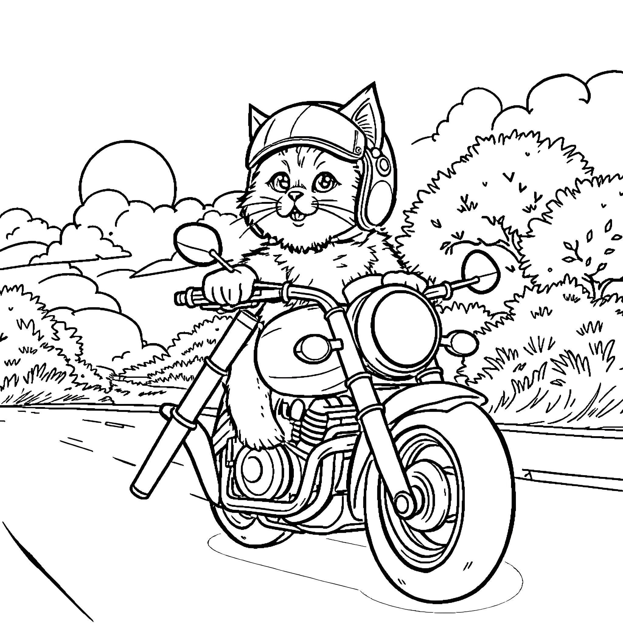 Cat riding a motorcycle in the countryside Coloring Page (free black-and-white line drawing printable PDF for all, from beginners to advanced learners, including children, teens, adults, and seniors)
