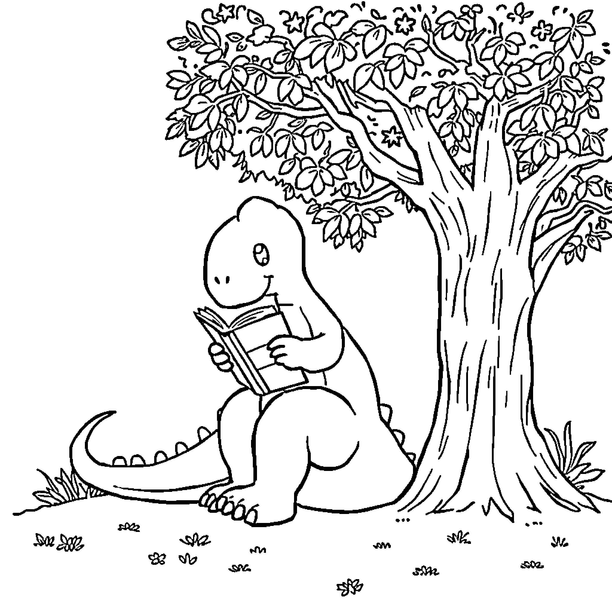 Dinosaur reading book under tree Coloring Page (free black-and-white line drawing printable PDF for all, from beginners to advanced learners, including children, teens, adults, and seniors)