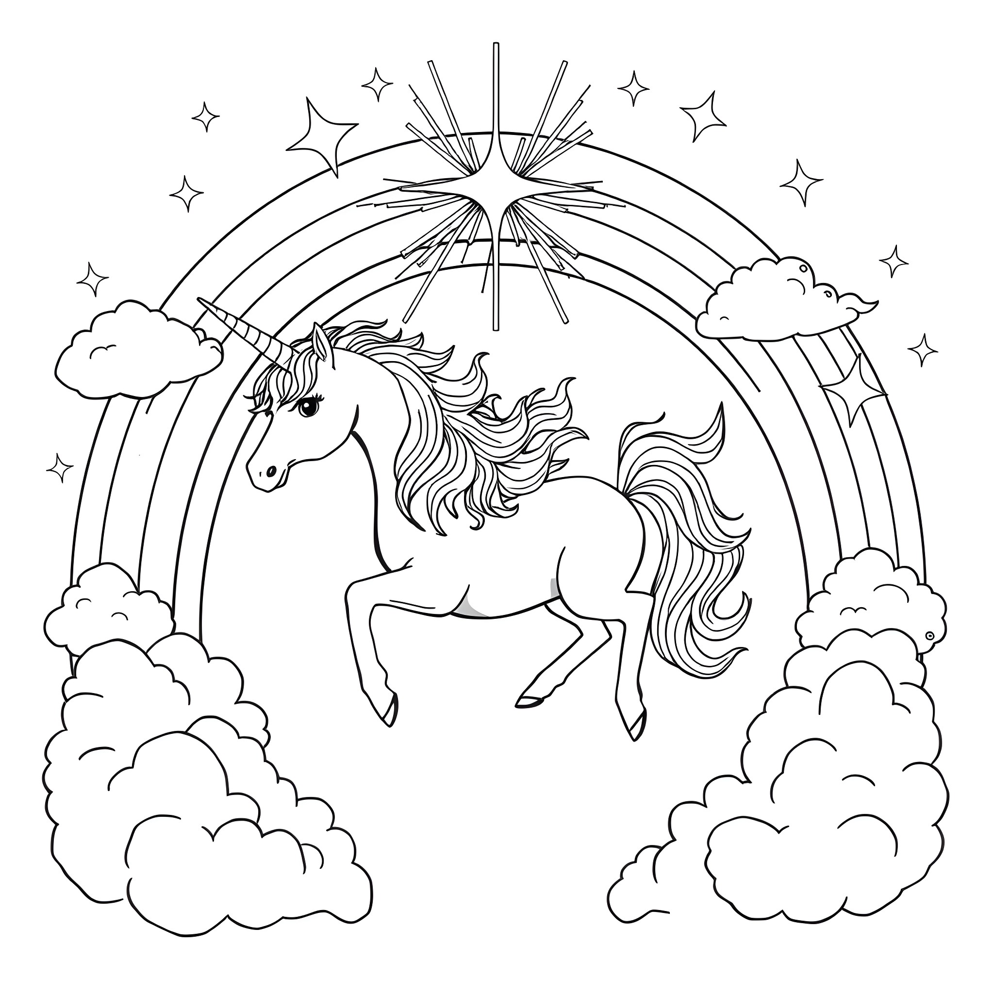 Unicorn galloping through magical clouds and stars Coloring Page (free black-and-white line drawing printable PDF for all, from beginners to advanced learners, including children, teens, adults, and seniors)