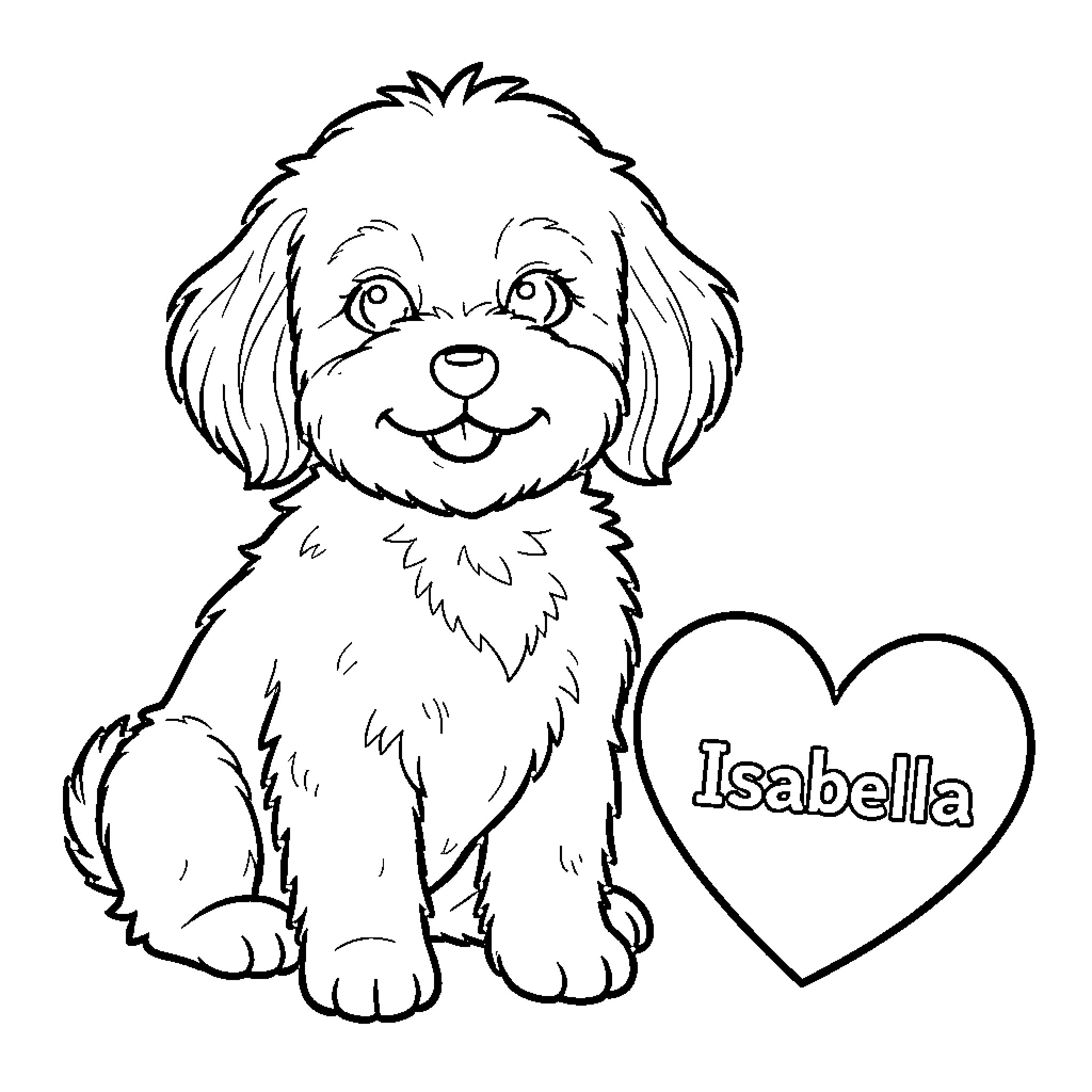 Cavapoo sitting smiling next to a large heart Coloring Page (free black-and-white line drawing printable PDF for all, from beginners to advanced learners, including children, teens, adults, and seniors)