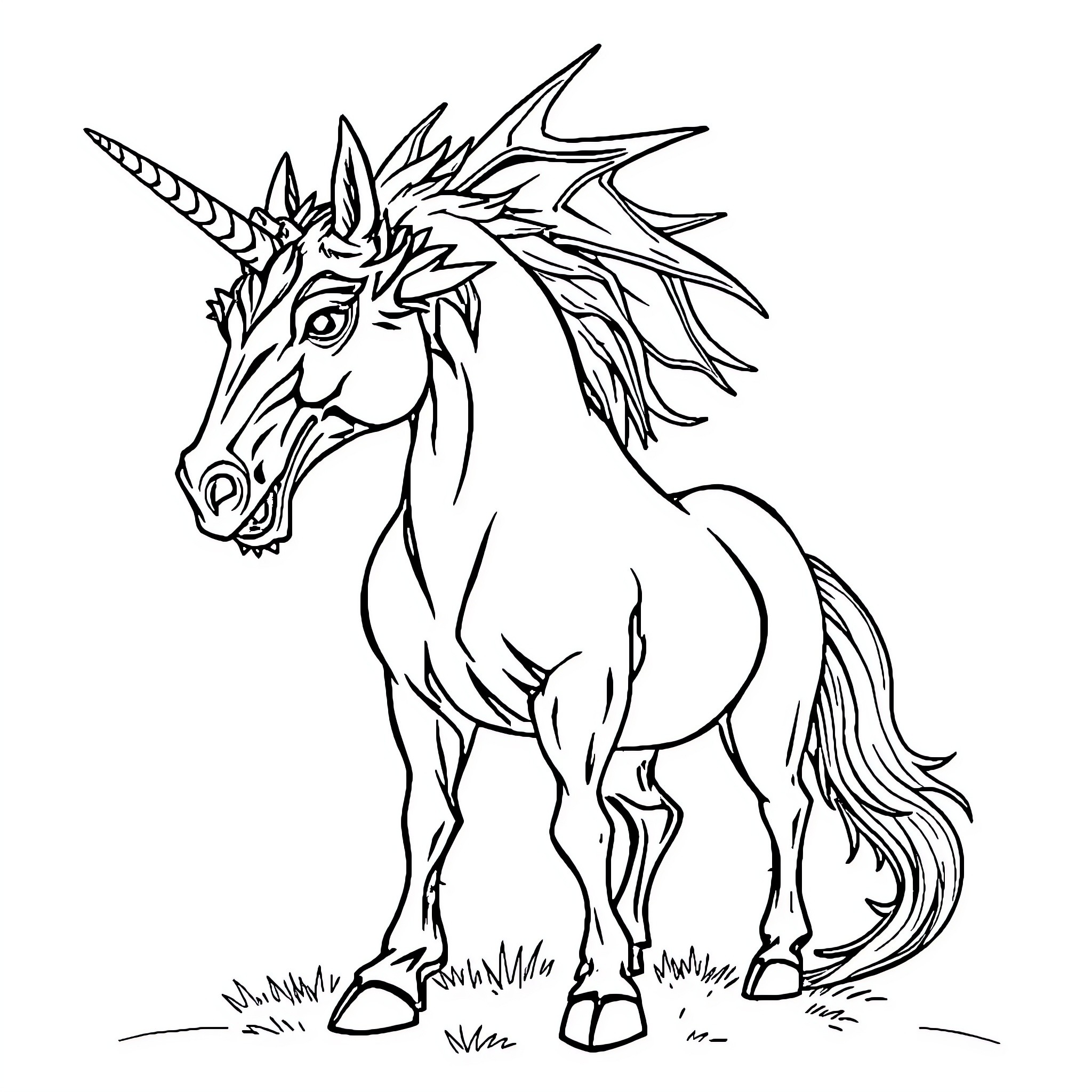 Horse with majestic horn and spirited stance Coloring Page (free black-and-white line drawing printable PDF for all, from beginners to advanced learners, including children, teens, adults, and seniors)