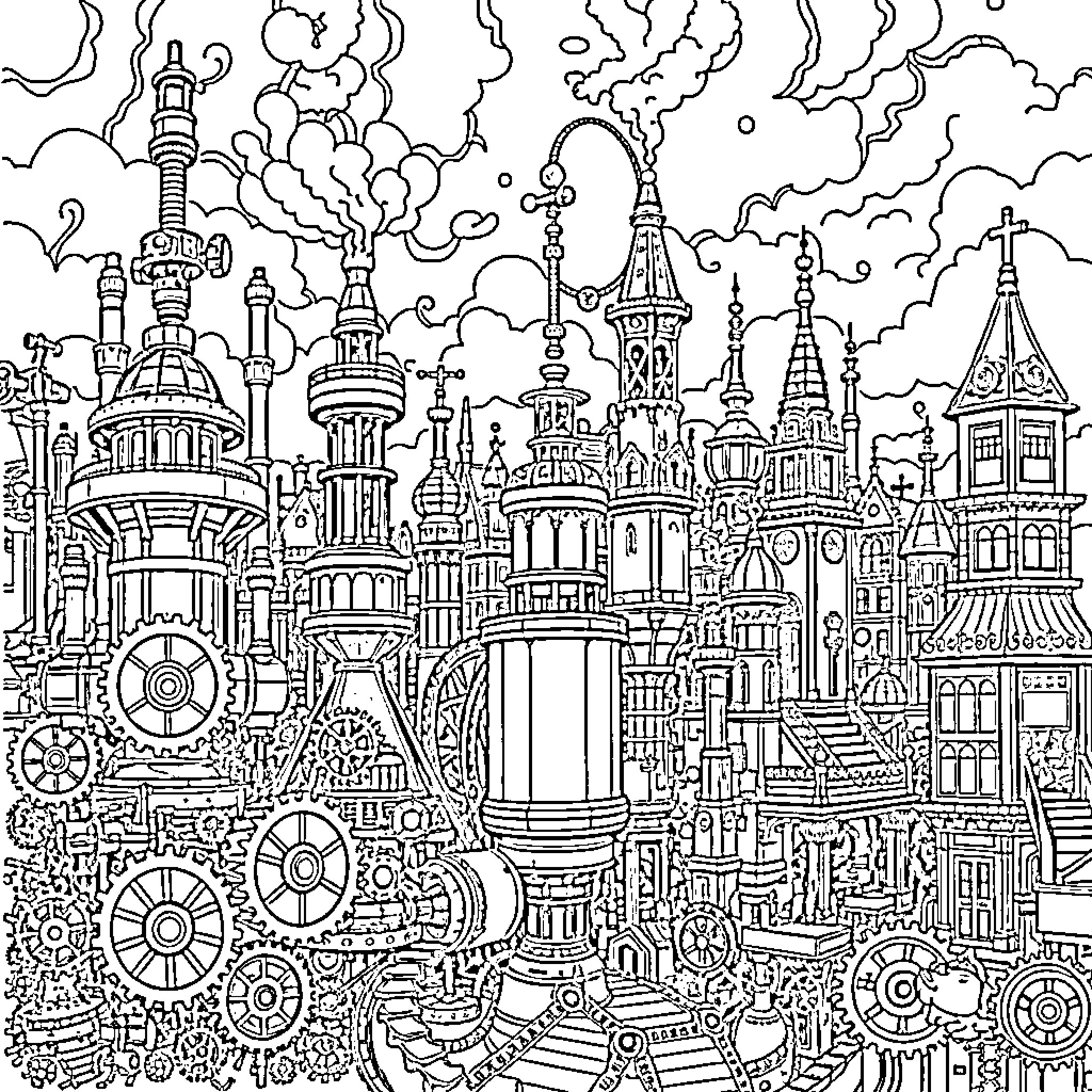 Steampunk fantastical city with intricate machinery and architectural details Coloring Page (free black-and-white line drawing printable PDF for all, from beginners to advanced learners, including children, teens, adults, and seniors)