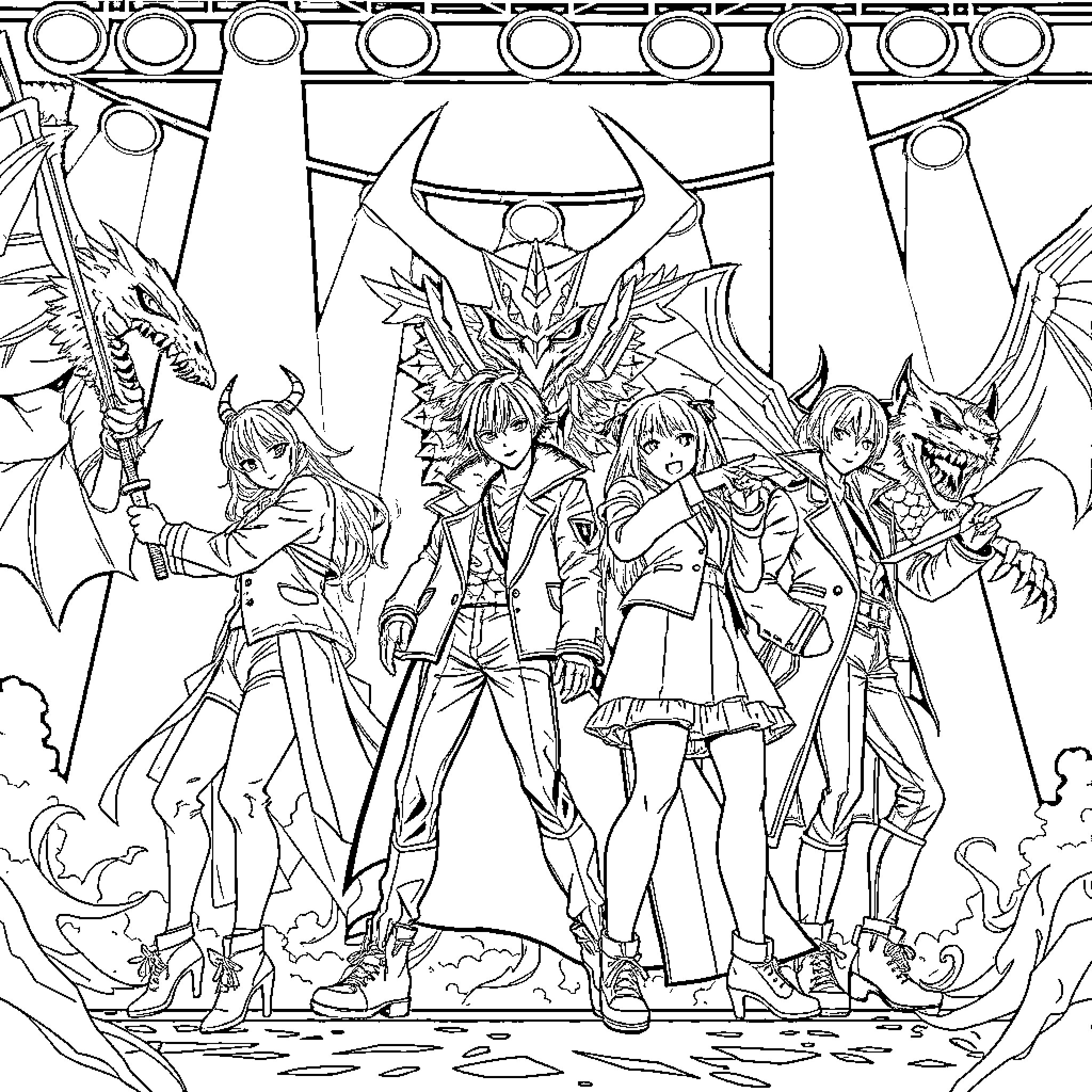 Demonhunter warriors confronting fearsome creatures Coloring Page (free black-and-white line drawing printable PDF for all, from beginners to advanced learners, including children, teens, adults, and seniors)