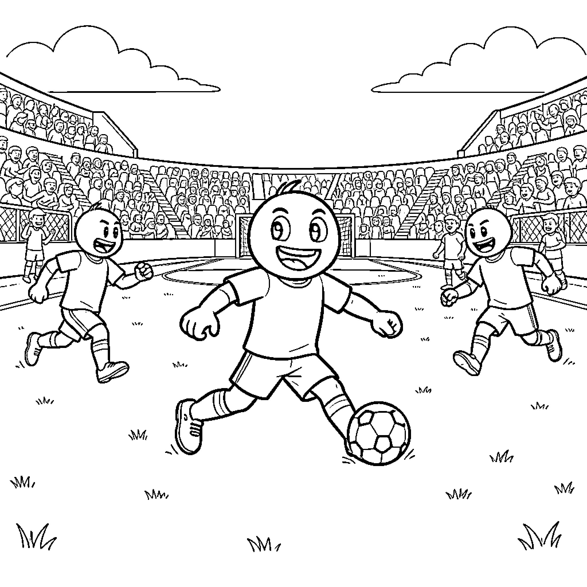 Botman playing soccer enthusiastically in a crowded stadium Coloring Page (free black-and-white line drawing printable PDF for all, from beginners to advanced learners, including children, teens, adults, and seniors)
