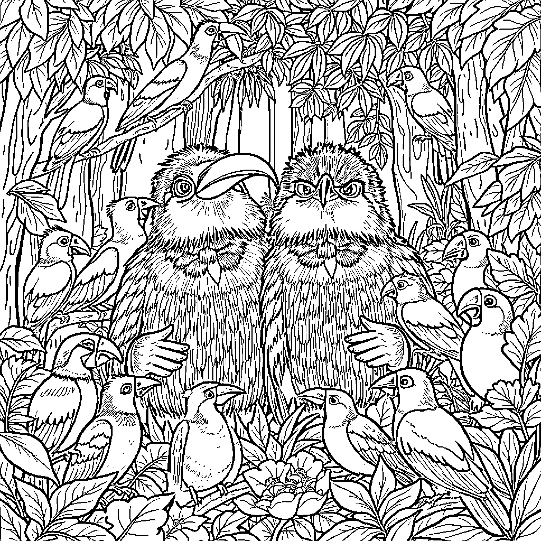 Kratt Brothers in a Vibrant Jungle Landscape Coloring Page (free black-and-white line drawing printable PDF for all, from beginners to advanced learners, including children, teens, adults, and seniors)