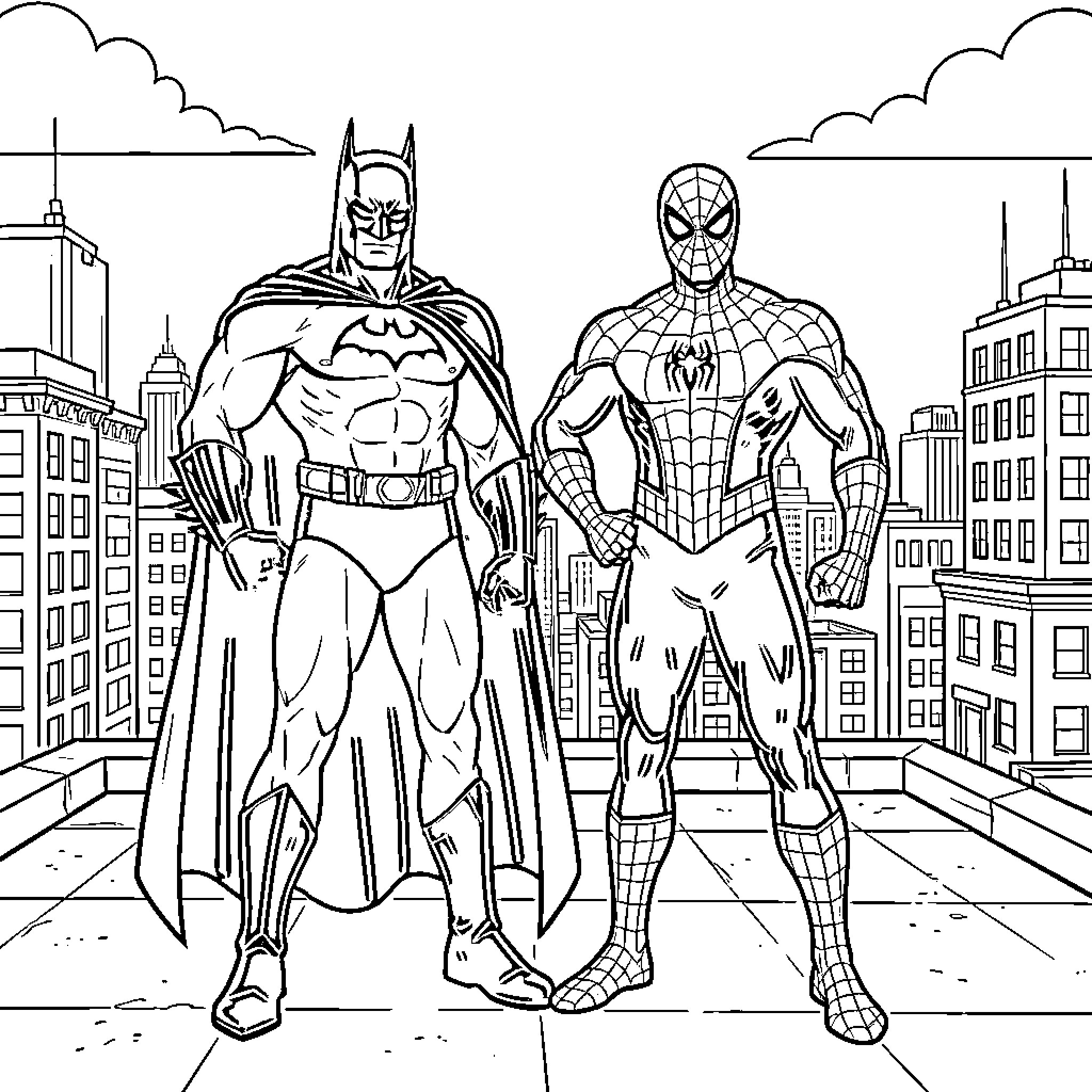 Batman and Spiderman facing off in the city Coloring Page (free black-and-white line drawing printable PDF for all, from beginners to advanced learners, including children, teens, adults, and seniors)