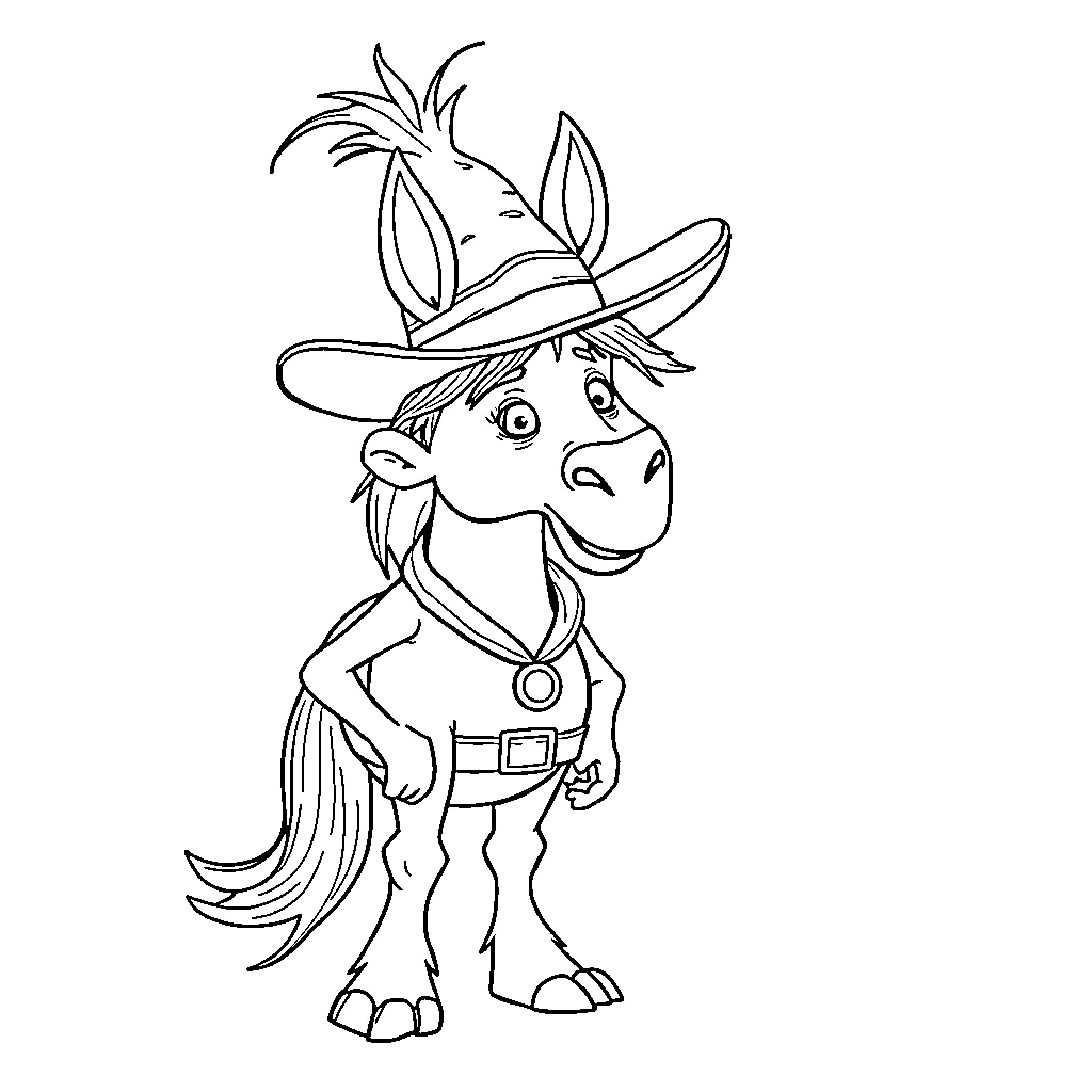 Cowboy donkey in playful pose Coloring Page (free black-and-white line drawing printable PDF for all, from beginners to advanced learners, including children, teens, adults, and seniors)