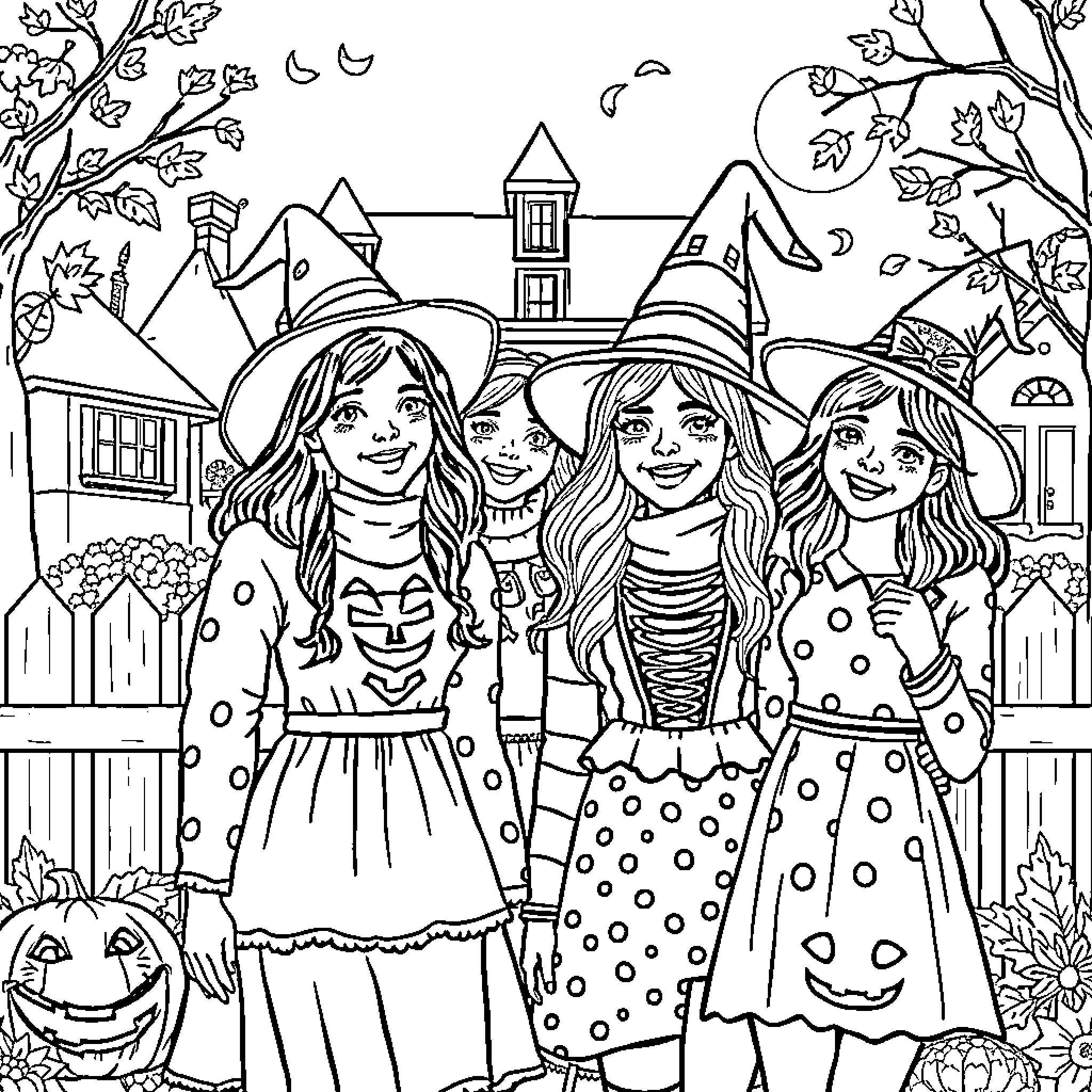 Gilmore Girls Enjoying Halloween Festivities Coloring Page (free black-and-white line drawing printable PDF for all, from beginners to advanced learners, including children, teens, adults, and seniors)