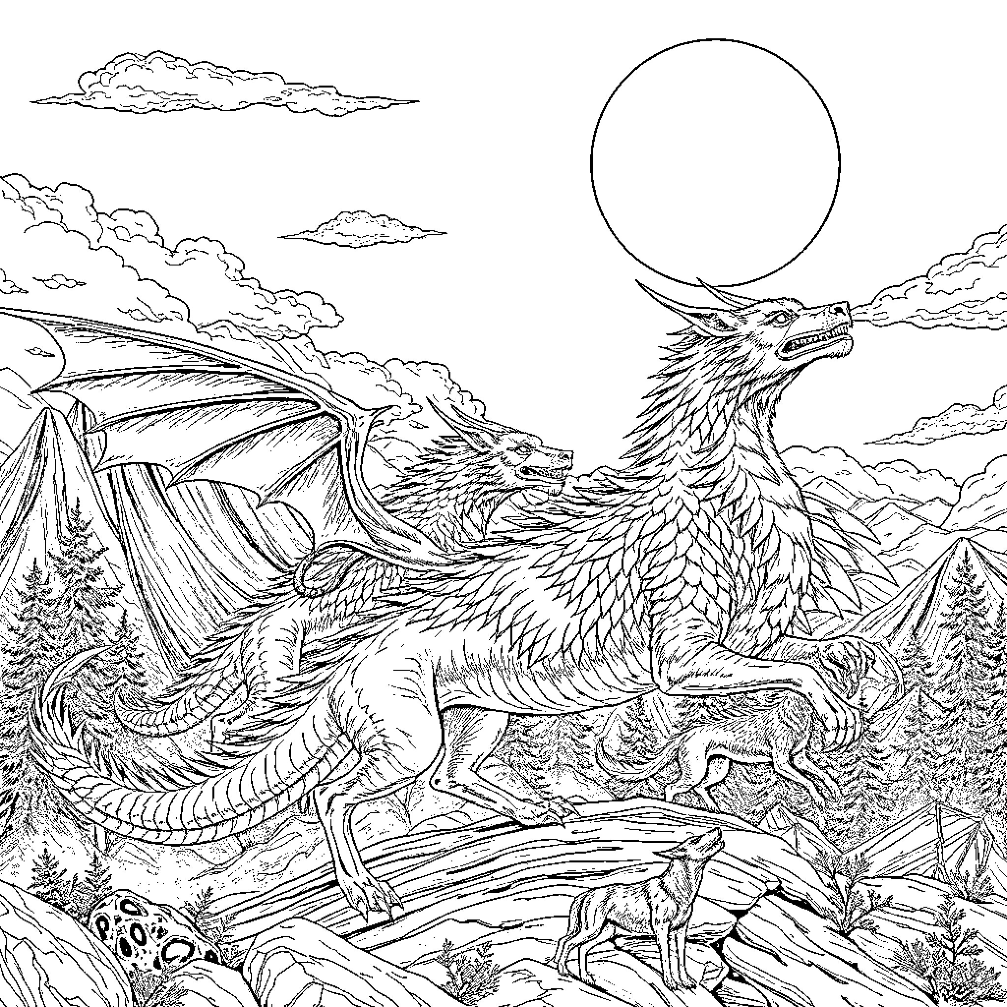 Wolf-like dragon soaring over a fantastical landscape Coloring Page (free black-and-white line drawing printable PDF for all, from beginners to advanced learners, including children, teens, adults, and seniors)