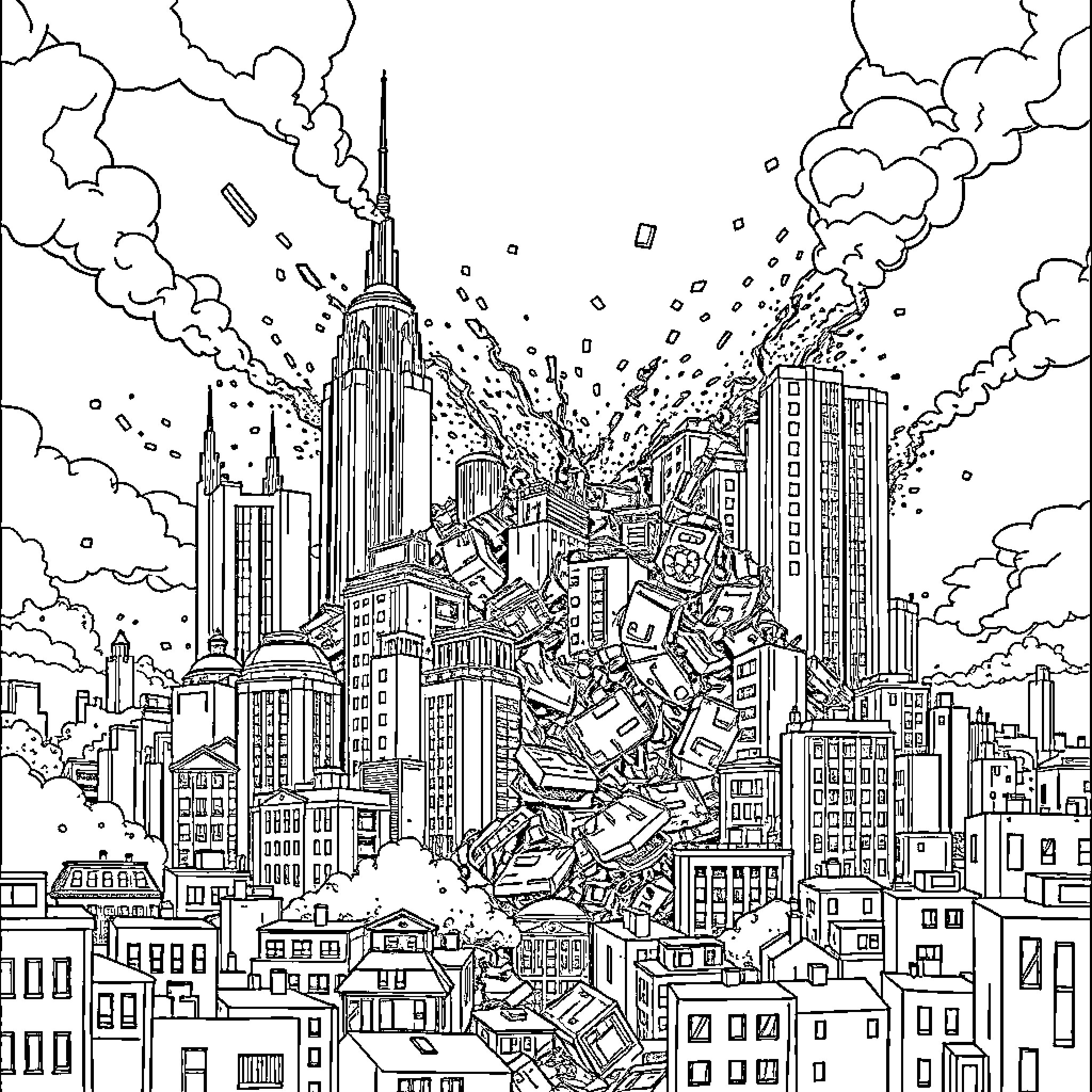 City erupting with chaos and destruction Coloring Page (free black-and-white line drawing printable PDF for all, from beginners to advanced learners, including children, teens, adults, and seniors)