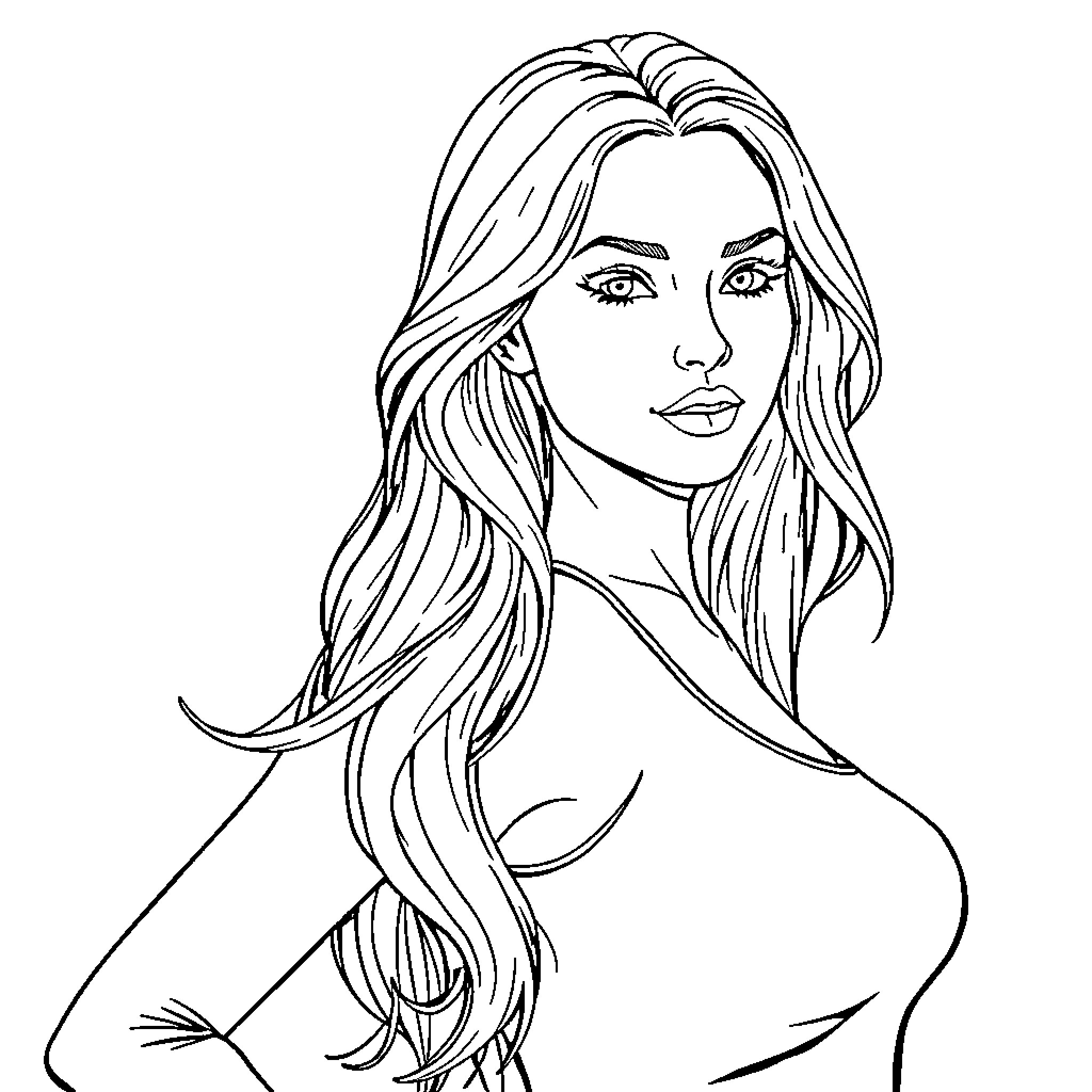 Blonde Woman with Flowing Hair Coloring Page (free black-and-white line drawing printable PDF for all, from beginners to advanced learners, including children, teens, adults, and seniors)