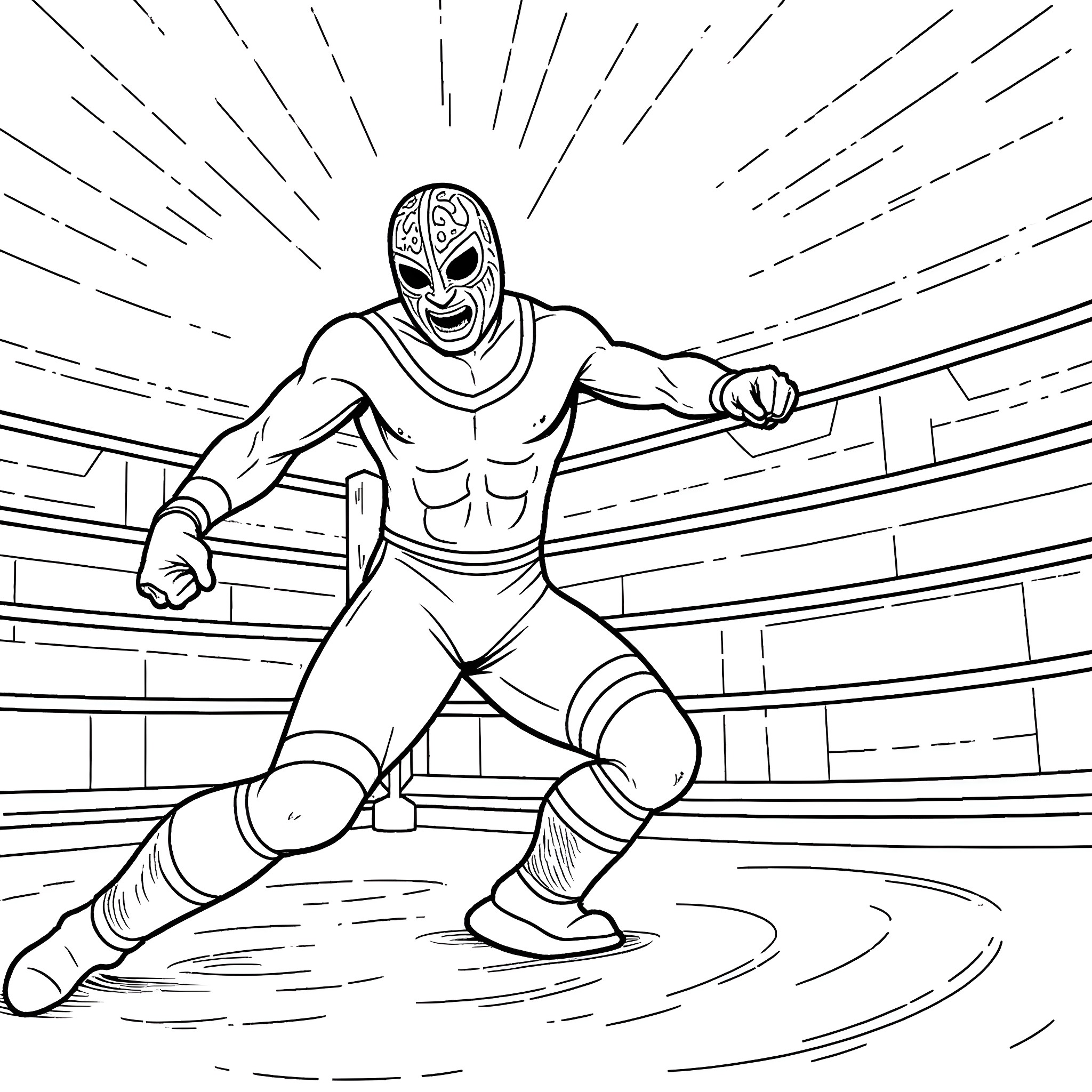 Wrestler showcasing dramatic pose in the ring Coloring Page (free black-and-white line drawing printable PDF for all, from beginners to advanced learners, including children, teens, adults, and seniors)