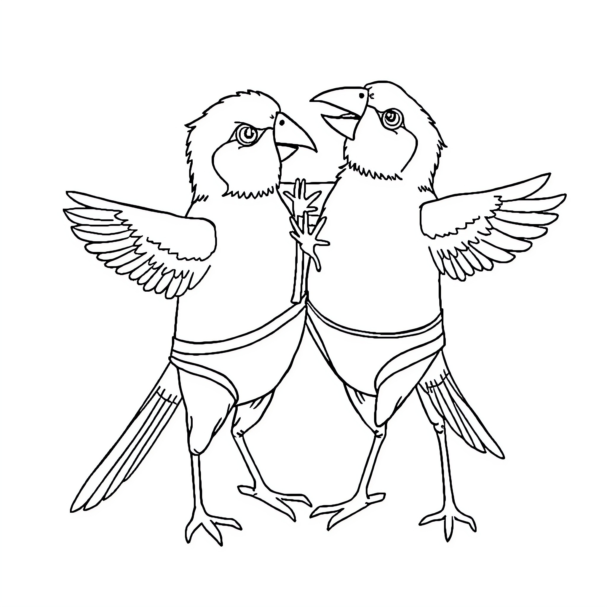 Birds in fancy dress Coloring Page (free black-and-white line drawing printable PDF for all, from beginners to advanced learners, including children, teens, adults, and seniors)