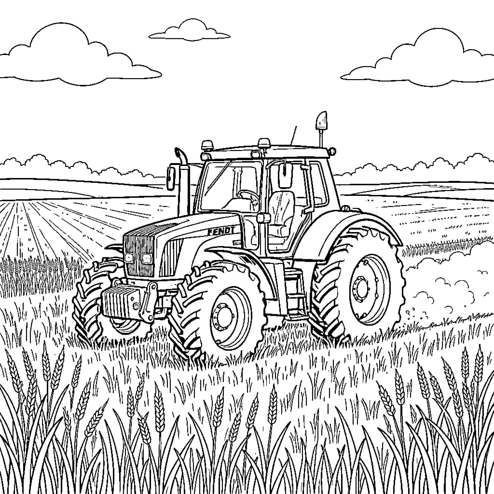 Tractor driving through a large wheat field Coloring Page (free black-and-white line drawing printable PDF for all, from beginners to advanced learners, including children, teens, adults, and seniors)