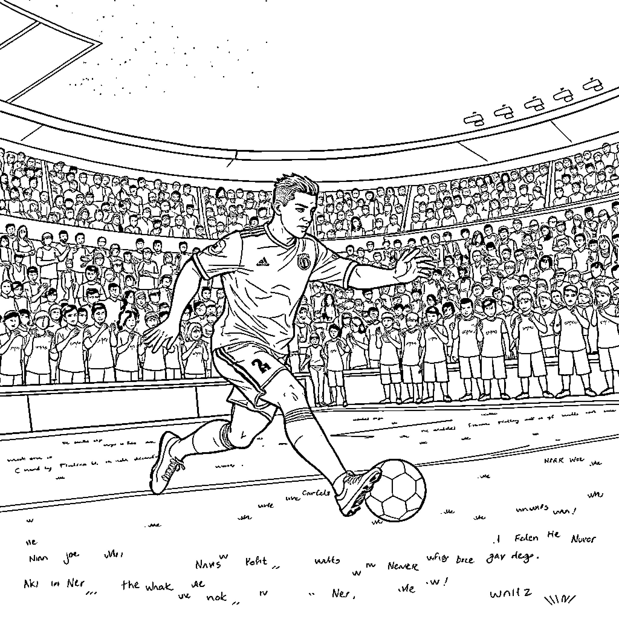 Ronaldo scoring a goal in a crowded stadium Coloring Page (free black-and-white line drawing printable PDF for all, from beginners to advanced learners, including children, teens, adults, and seniors)
