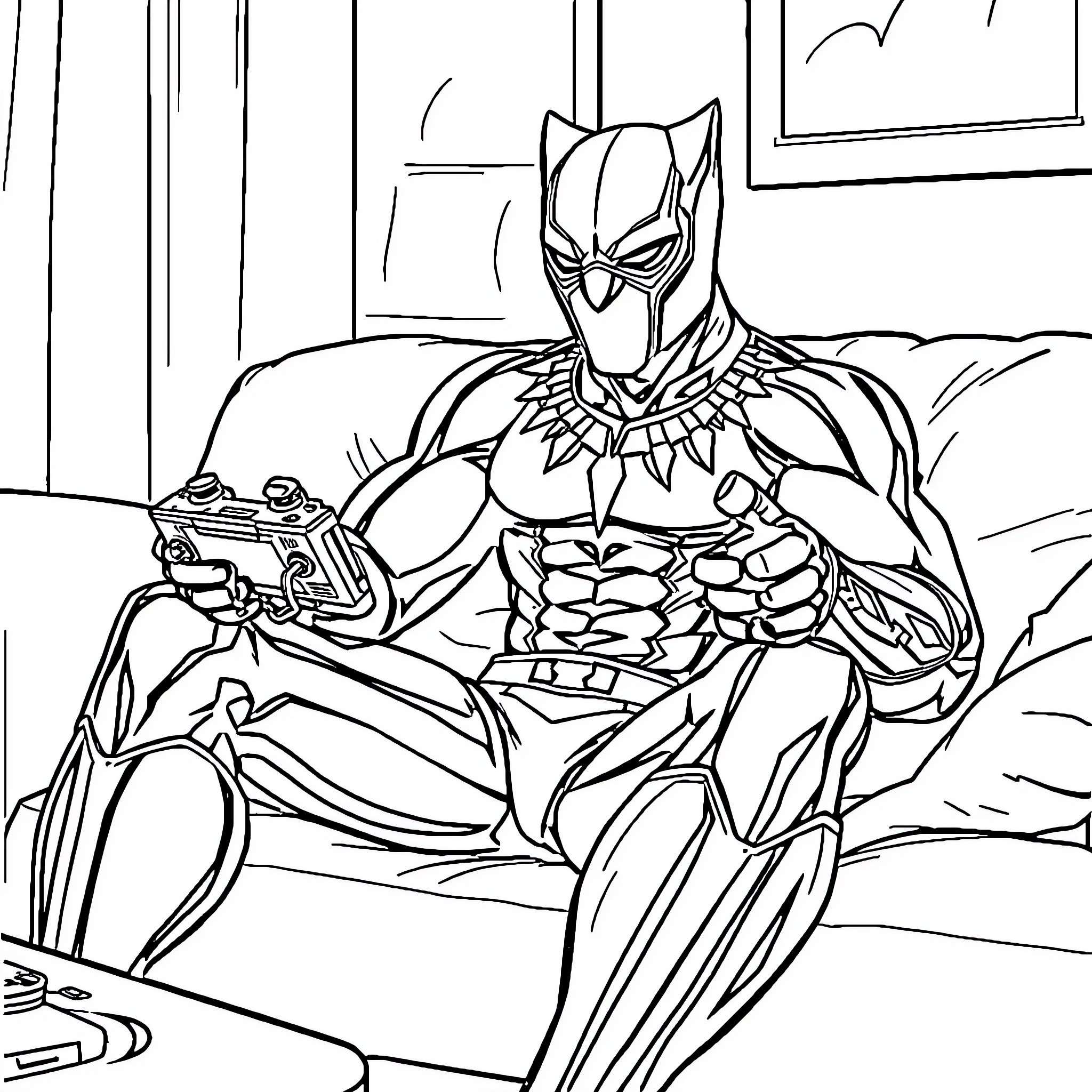 Black Panther heroically wielding advanced weaponry Coloring Page (free black-and-white line drawing printable PDF for all, from beginners to advanced learners, including children, teens, adults, and seniors)