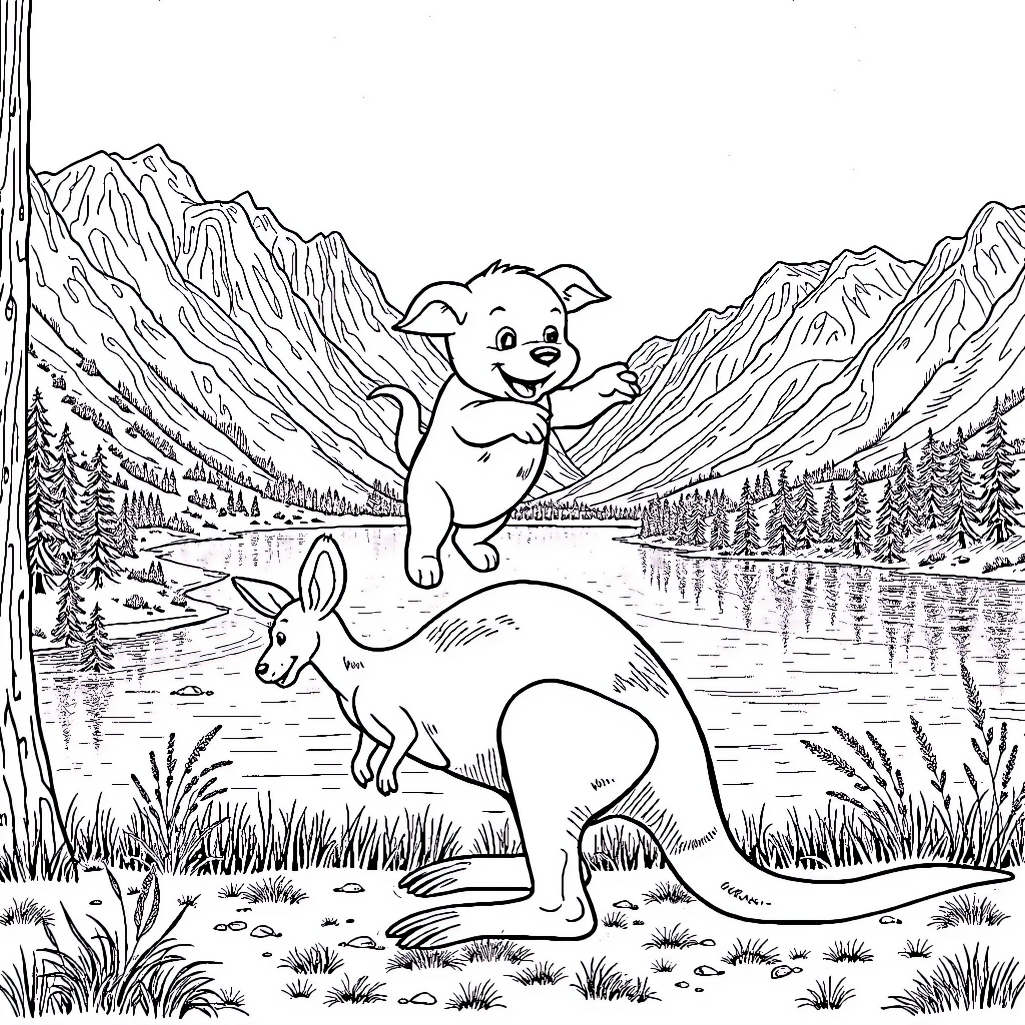 Puppy playing with kangaroo in mountain landscape Coloring Page (free black-and-white line drawing printable PDF for all, from beginners to advanced learners, including children, teens, adults, and seniors)