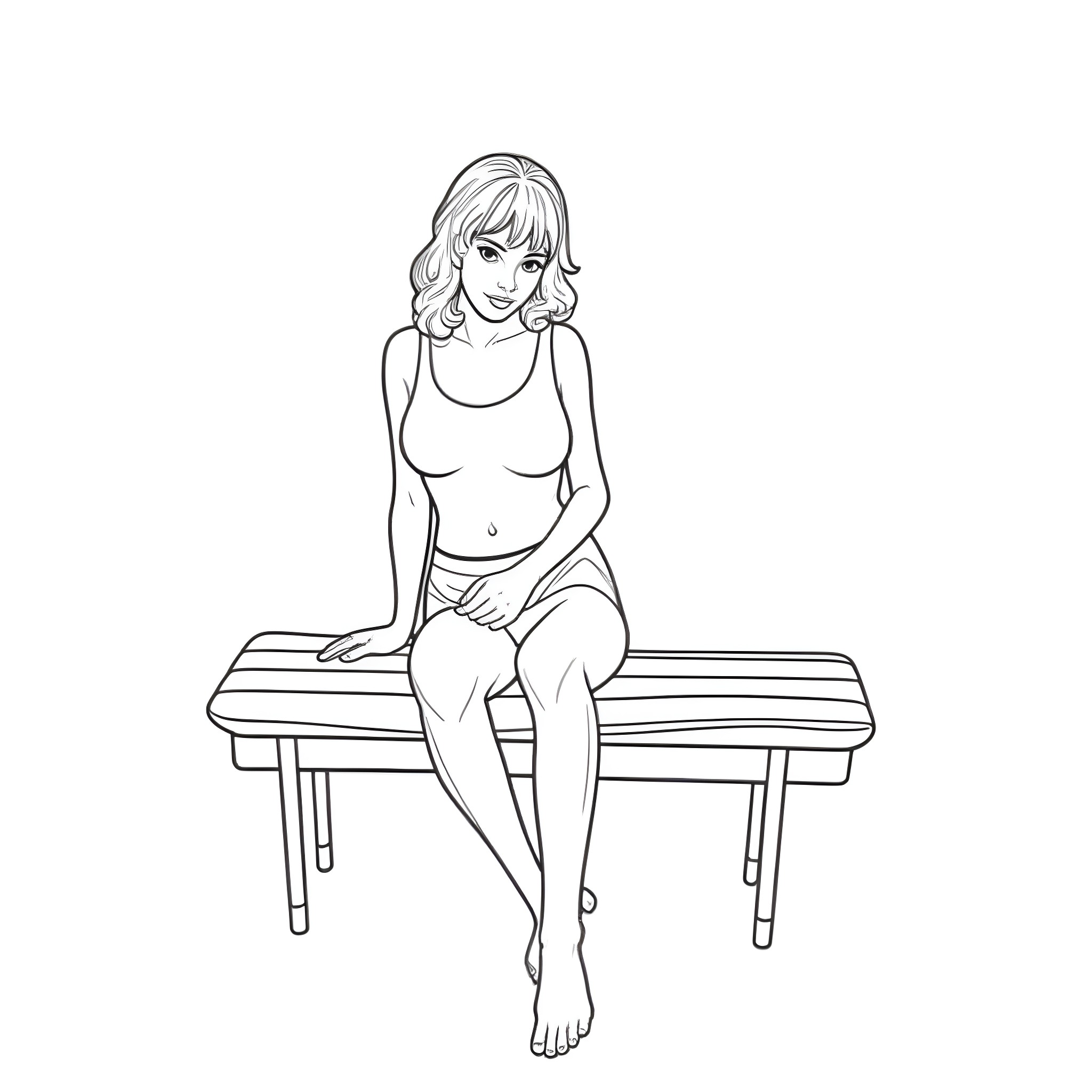 Woman seated peacefully on a bench Coloring Page (free black-and-white line drawing printable PDF for all, from beginners to advanced learners, including children, teens, adults, and seniors)