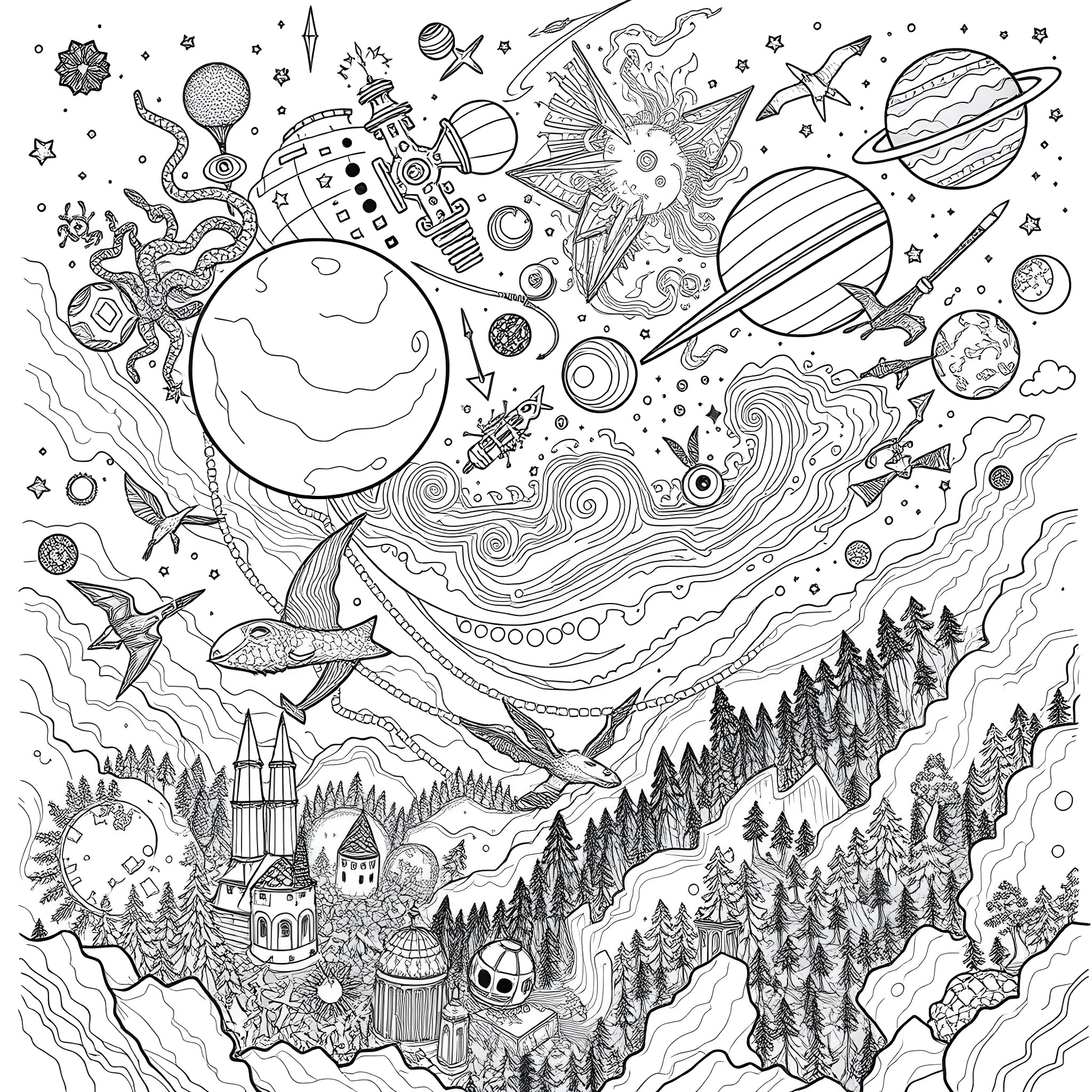 Galaxy of Celestial Wonders and Landscapes Coloring Page (free black-and-white line drawing printable PDF for all, from beginners to advanced learners, including children, teens, adults, and seniors)